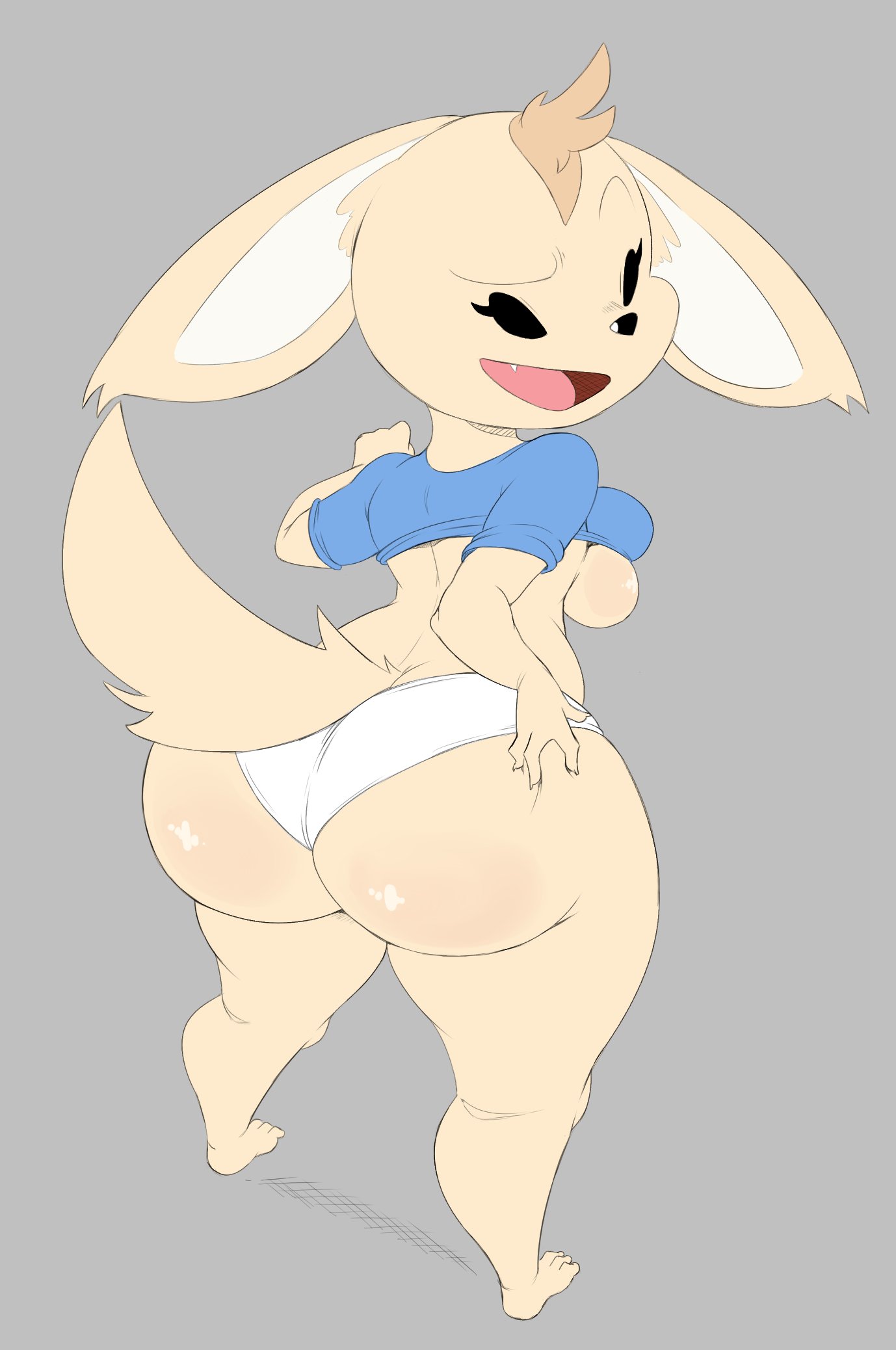 1girls, 2018, aggressive retsuko, aggretsuko, anthro, ass, ass grab, big ass, big ears, blue shirt, bottom heavy, breasts, fang, female, fennec, fenneko, fur, huge ass, looking back, panties, purple yoshi draws, sanrio, shirt, small breasts, smooth fur, solo, tail, thick thighs, underboob, white panties, wide hips