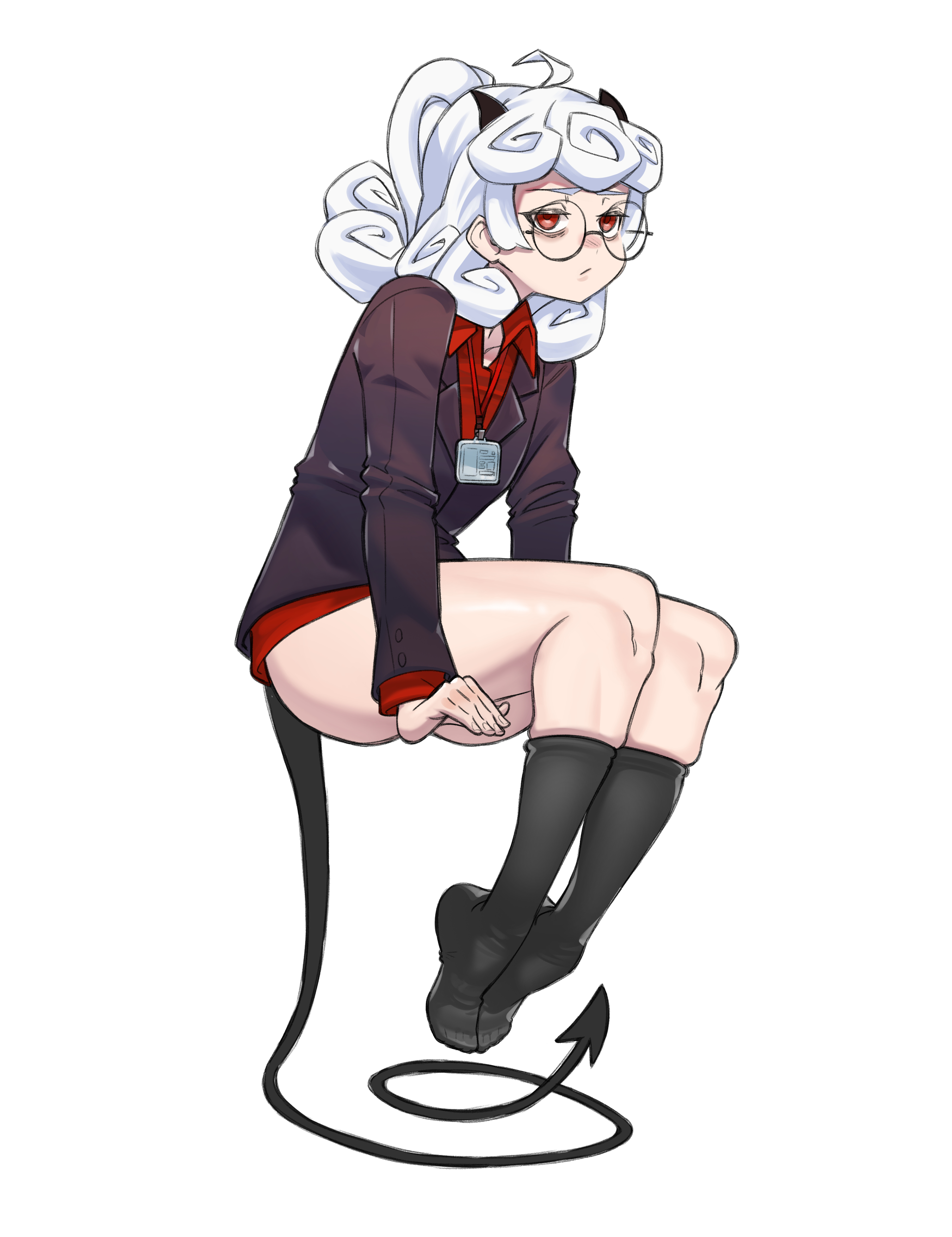 1girls, alternate version available, black socks, clothing, demon, demon girl, demon horns, demon tail, eyewear, feet, female, female only, flat chest, flat chested, footwear, glasses, hair, helltaker, knee socks, kneehighs, kneesocks, office lady, pandemonica (helltaker), red eyes, short hair, socks, solo, solo female, tail, thick thighs, thighs, white hair, yanjhia