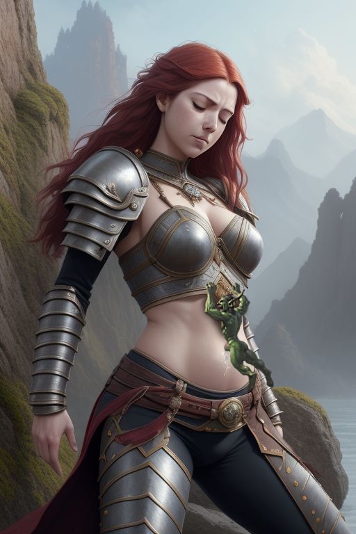 ai_generated armor belly_button cum_in_navel female goblin goblin_male mountains navel navel_fetish navel_penetration red_hair size_difference warrior_girl