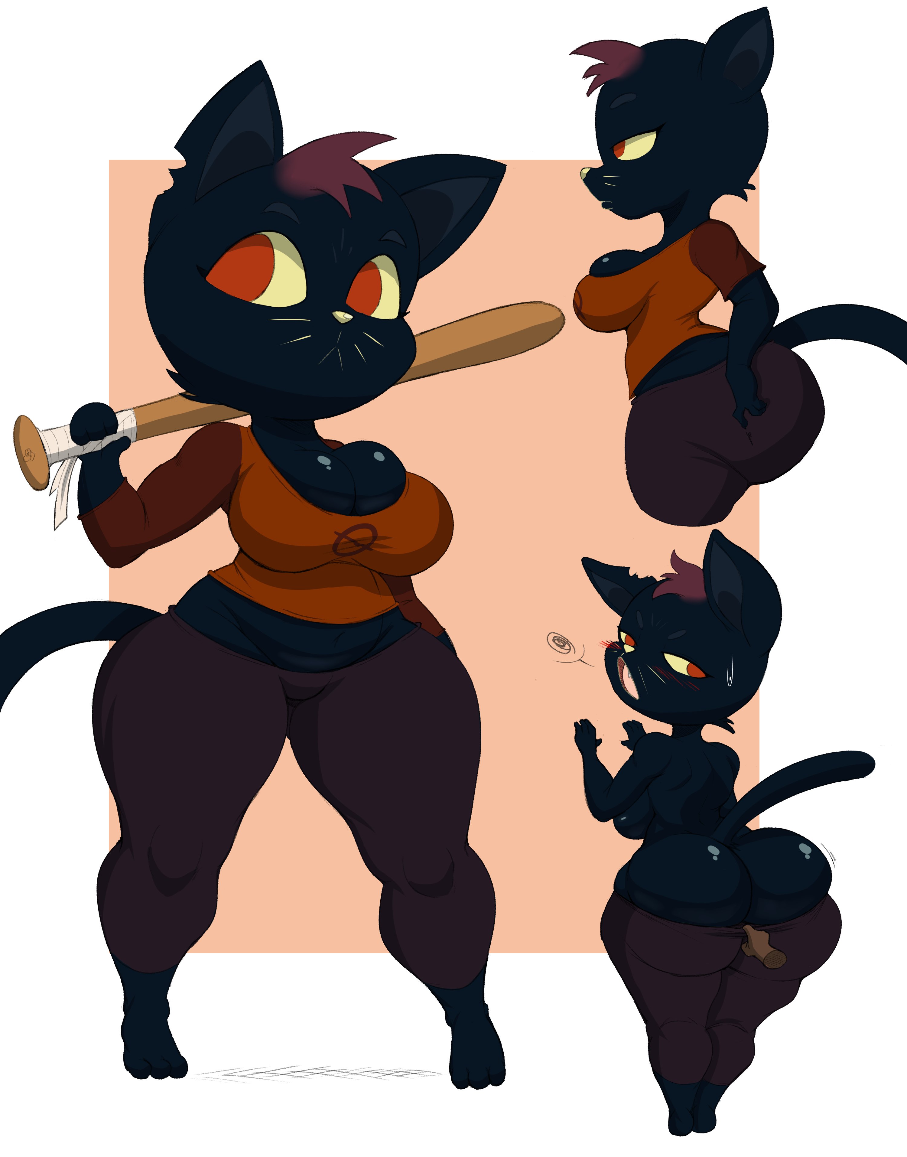 1girls, 2020, abstract background, anthro, ass, ass cleavage, ass crack, baseball bat, big ass, black fur, blush, bottom heavy, breasts, butt crack, cleavage, clothed, disembodied hand, ear bite, fang, feline, female, fully clothed, fur, huge ass, hyper ass, looking back, mae borowski, motion lines, multiple images, night in the woods, overflowing breasts, purple yoshi draws, red eyes, red shirt, slim waist, solo, solo female, spoken squiggle, tagme, tail, thick thighs, tight clothing, topless, wide hips, yellow sclera