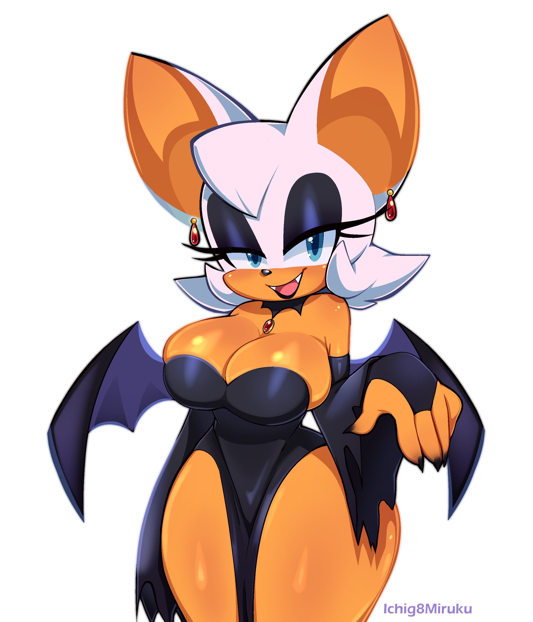 1girls, absurd res, anthro, bat, bat wings, big breasts, black dress, black lipstick, blue eyes, breasts, busty, child bearing hips, chiropteran, collar, curvaceous, curvy, curvy female, curvy figure, detached sleeves, digital media (artwork), earrings, eyeshadow, fangs, female, female only, hi res, hourglass figure, huge breasts, ichig8miruku, indoors, jewelry, large breasts, lipstick, makeup, mammal, mole, mole on breast, off shoulder, orange skin, rouge the bat, sega, simple background, sleeves past wrists, slim waist, small waist, solo, solo female, solo focus, sonic (series), sonic the hedgehog (series), strapless dress, tan body, thick thighs, tight clothing, twitter username, vampire, watermark, white background, white fur, wide hips, wings