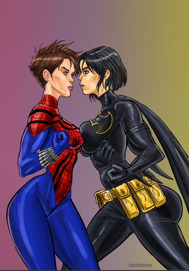 2girls ass batgirl batgirl_(cassandra_cain) batman_(series) big_ass big_breasts bob_cut bodysuit breasts cassandra_cain crossover dc fat_ass female female/female female_only fully_clothed human human_only large_ass light-skinned_female light_skin marvel mayday_parker petra_parker short_hair sketchatron spider-girl spider-man_(series) superheroine tight_clothing yuri ziggysketch