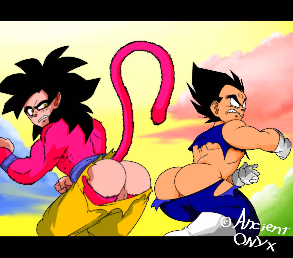 ancient-onyx ass balls butt dragon_ball dragon_ball_z gay male male_focus male_only muscles penis ripped_clothing saiyan son_goku super_saiyan_4 tail vegeta wardrobe_malfunction widow's_peak yaoi