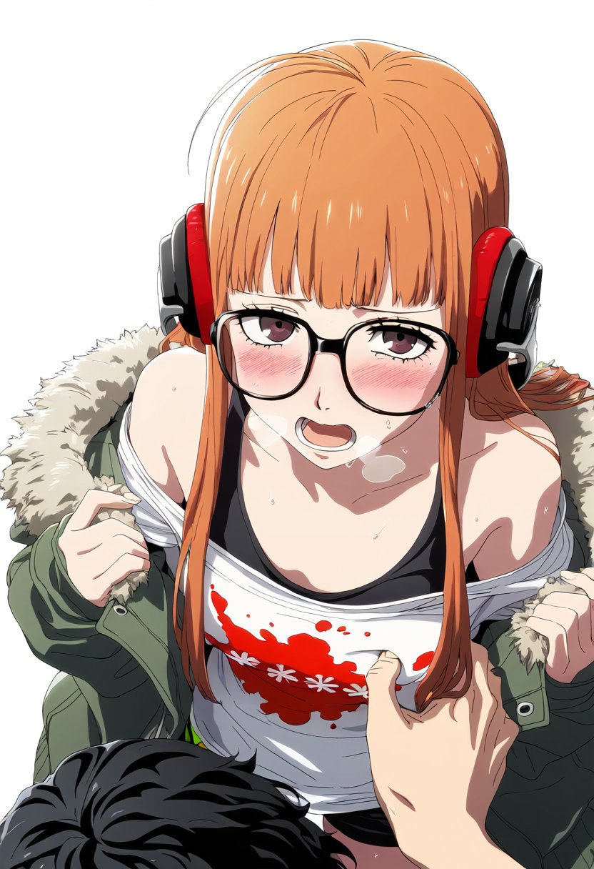 ai generated, akira kurusu, aroused, artist request, bare shoulders, blush, breast grab, breast squeeze, breast squish, breasts, brown eyes, choku to-san no kyonyū, embarrassed, embarrassed female, female, glasses, headset, horny, horny female, joker (persona), long hair, looking at viewer, open jacket, orange hair, persona, persona 5, ren amamiya, sakura futaba, small breasts, teenager