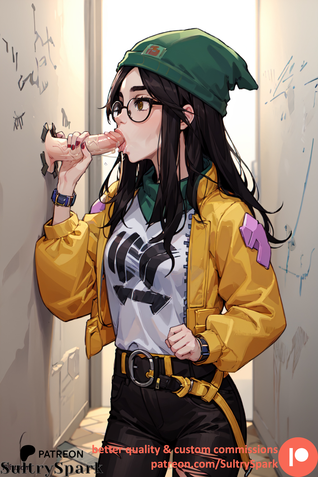 1boy, 1girls, ai generated, black hair, brown eyes, brown hair, commission, fellatio, female, fully clothed, glasses, glory hole, glory wall, hat, jacket, killjoy (valorant), light skin, light-skinned female, light-skinned male, long hair, male, oral, partial male, patreon, patreon username, penis, standing, sultryspark, valorant
