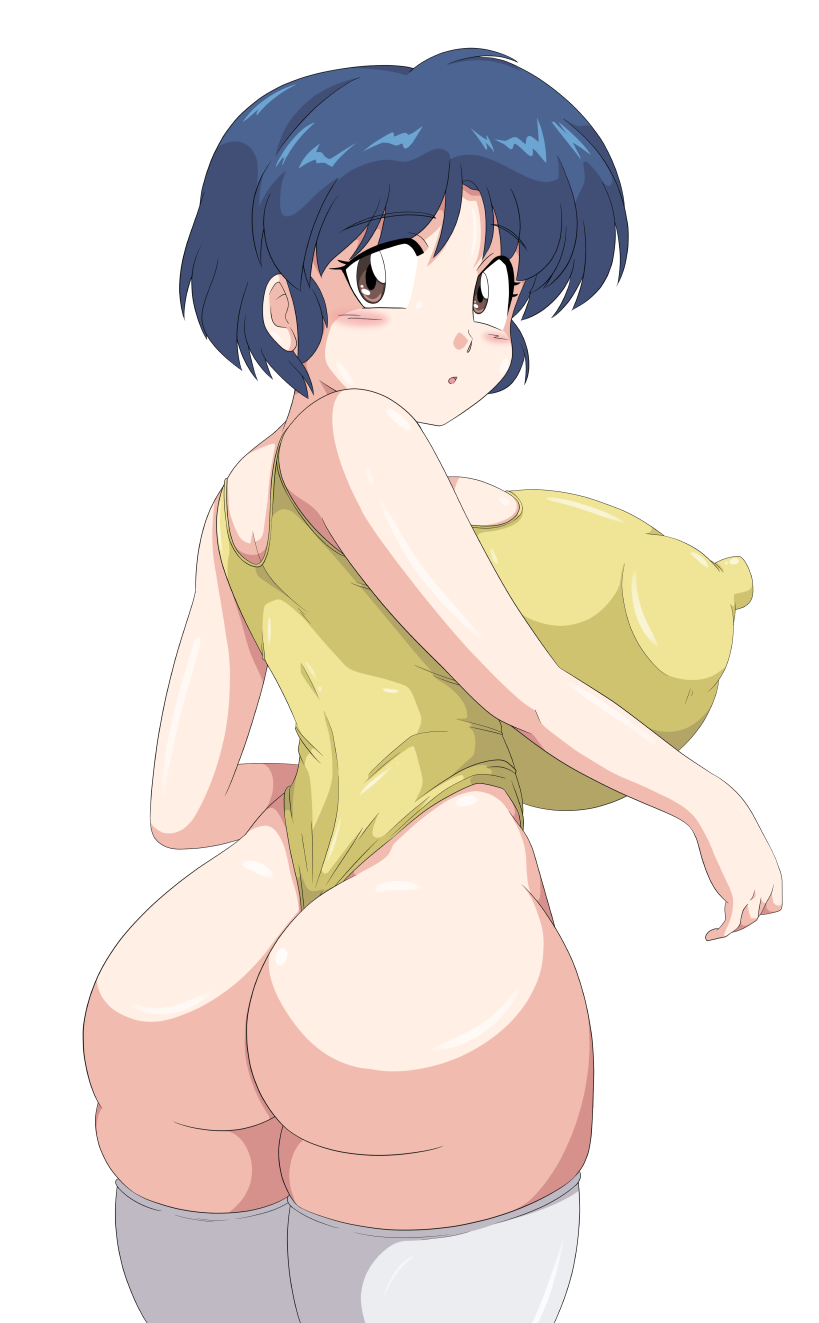 akane_tendo ass blue_hair blush breasts brown_hair erect_nipples erect_nipples_under_clothes gigantic_breasts huge_breasts large_breasts looking_back one-piece_swimsuit ranma_1/2 short_hair stockings swimsuit toshiso transparent_background