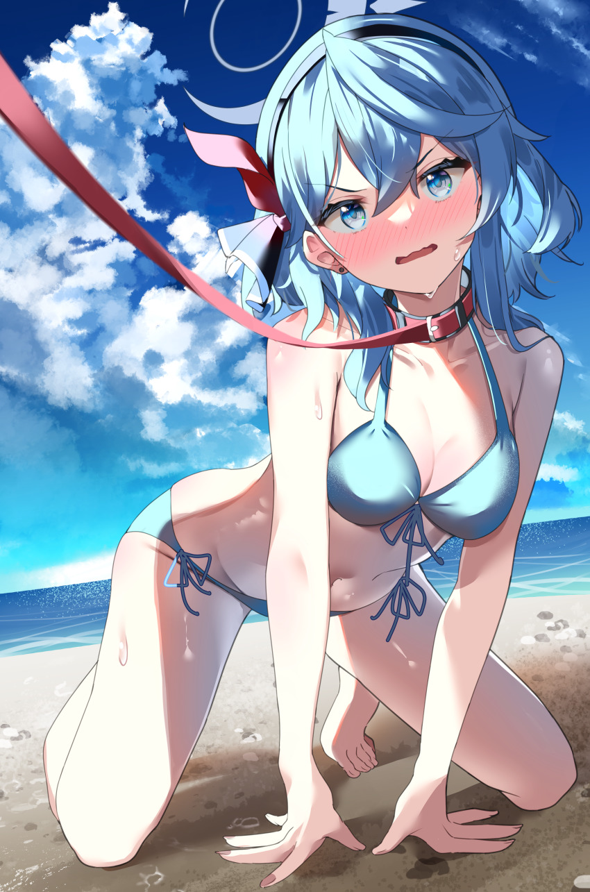 1girls, ako (blue archive), all fours, beach, bikini, blue archive, blue bikini, blue eyes, blue hair, blue swimsuit, blush, bondage, breasts, clouds, collar, earrings, female, female only, femsub, gehenna academy student, hairband, halo, hosigarasu22, large breasts, leash, light skin, light-skinned female, looking at viewer, medium hair, midriff, navel, ocean, outside, painted nails, pale skin, pale-skinned female, pet play, petplay, prefect team (blue archive), side-tie bikini, side-tie swimsuit, sky, solo, solo female, sweating, swimsuit, viewer holding leash, water