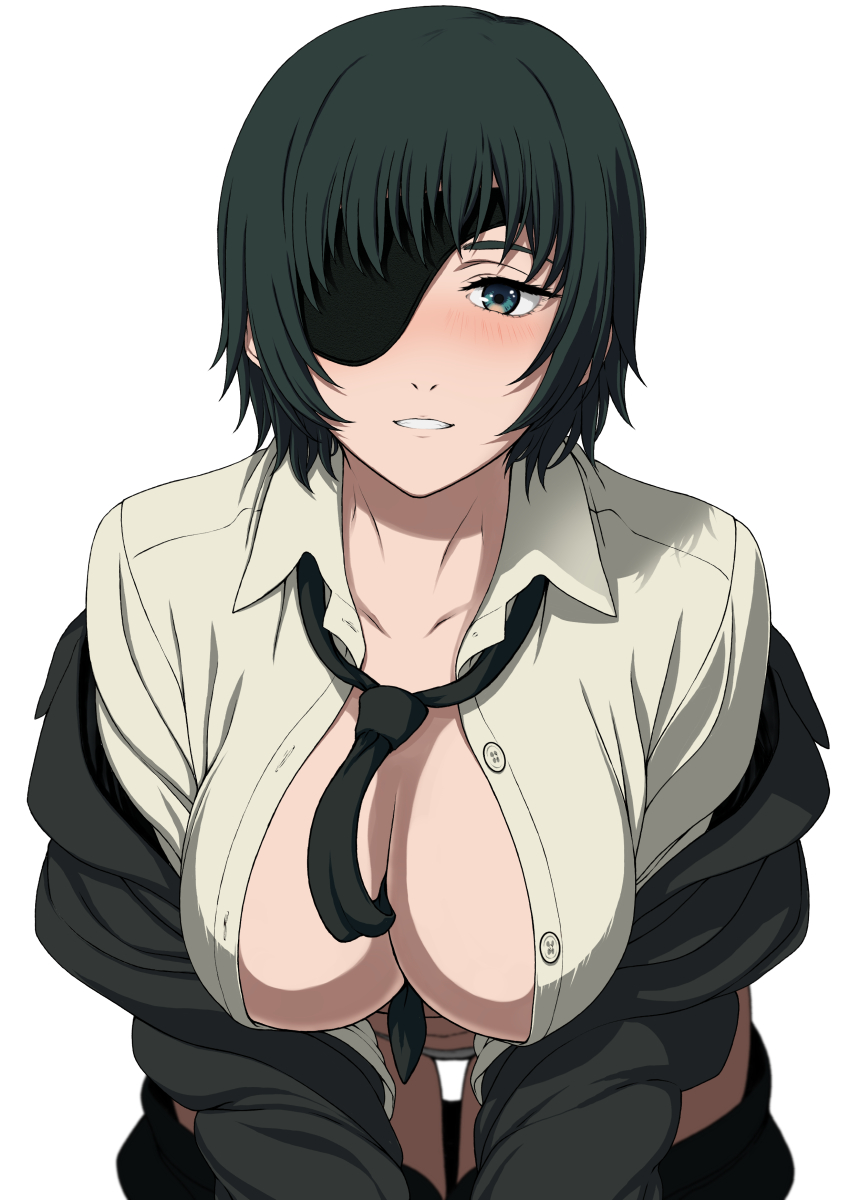 1girls, big breasts, breasts, bursting breasts, chainsaw man, cleavage, eyepatch, female, female only, himeno (chainsaw man), light skin, light-skinned female, narunaru1000, office lady, short hair, shounen jump, tie