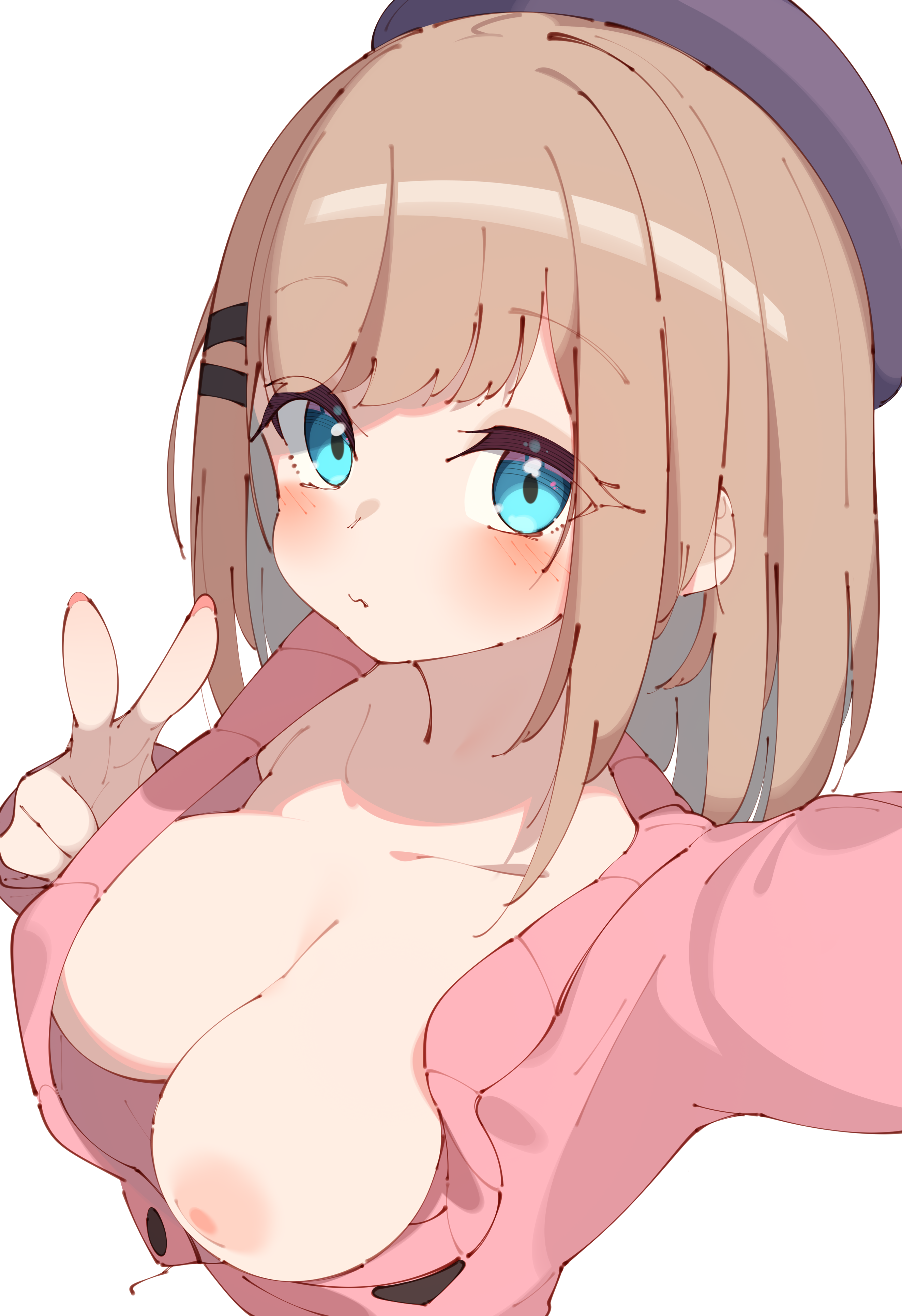 absurd res, black headwear, black ribbon, blue eyes, blush, breasts, cleavage, closed mouth, collarbone, female, flat colors, foreshortening, hair ribbon, hand up, highres, jacket, large breasts, light brown hair, long hair, long sleeves, looking at viewer, nijisanji, nipples, no bra, partially unbuttoned, pink jacket, rasusurasu, revision, ribbon, selfie, shiny, shiny skin, sidelocks, simple background, solo, straight hair, suzuhara lulu, tsurime, upper body, v, virtual youtuber, wavy mouth, white background