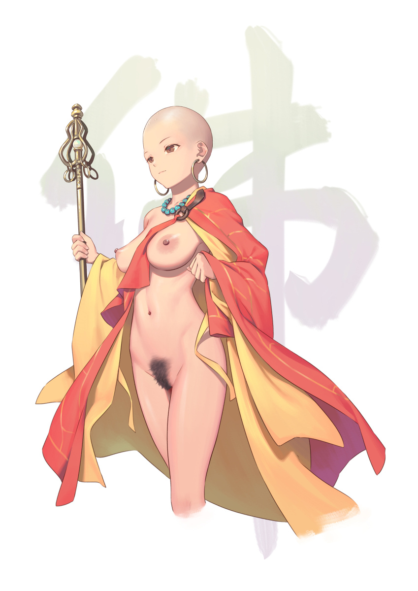 bald bald_girl bangs bigrbear breasts brown_eyes casual cloak clothing cropped_legs earrings female female_pubic_hair highres holding holding_staff hoop_earrings human jewelry medium_breasts monk naked_cloak naked_under_cloak navel necklace nipples nude original outerwear pale_skin pubic_hair solo staff weapon