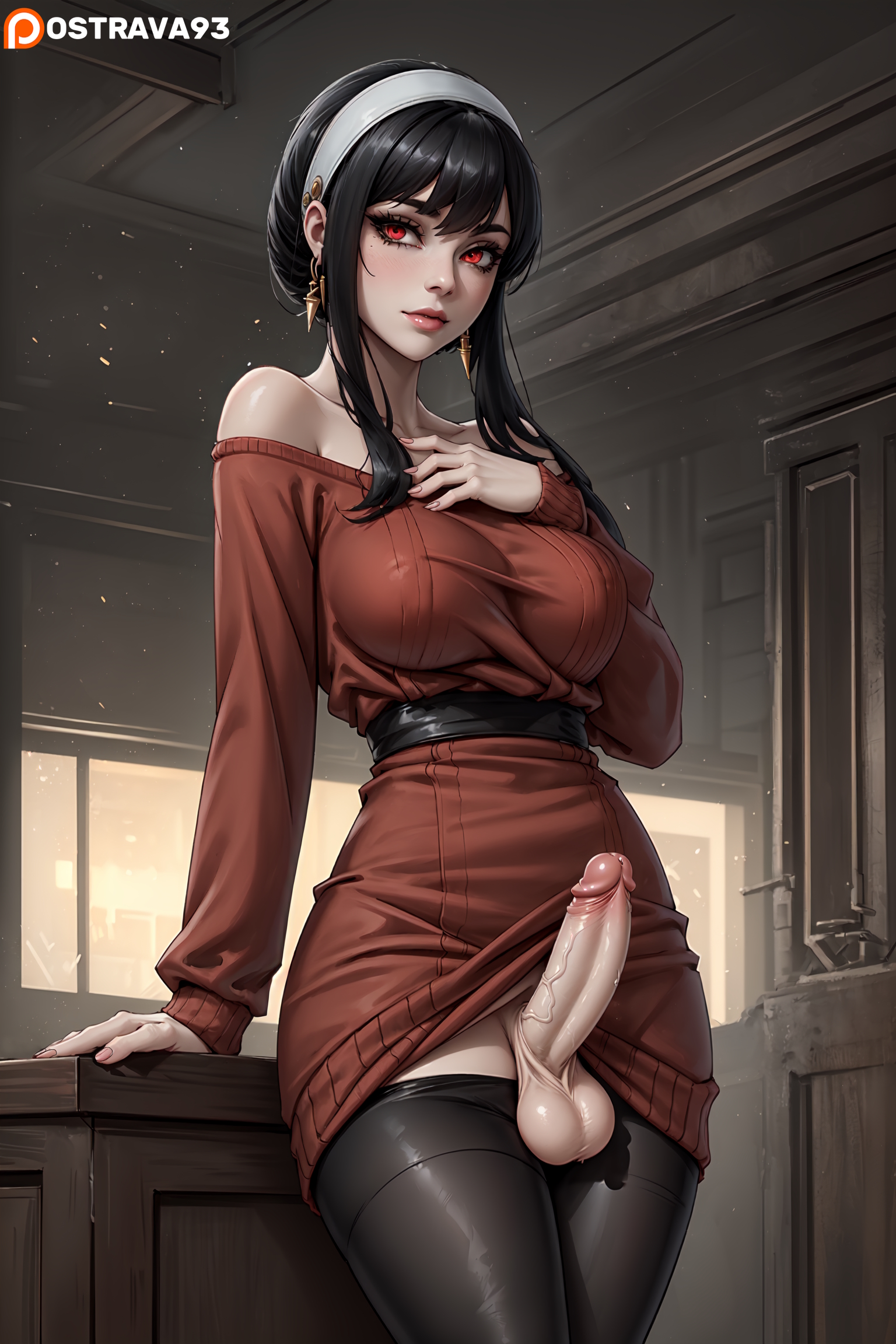 1futa, ai generated, big breasts, big penis, black hair, breasts, dickgirl, futa only, futa sans pussy, futanari, huge breasts, huge cock, intersex, large breasts, large penis, ostrava93, penis, spy x family, yor briar, yor forger