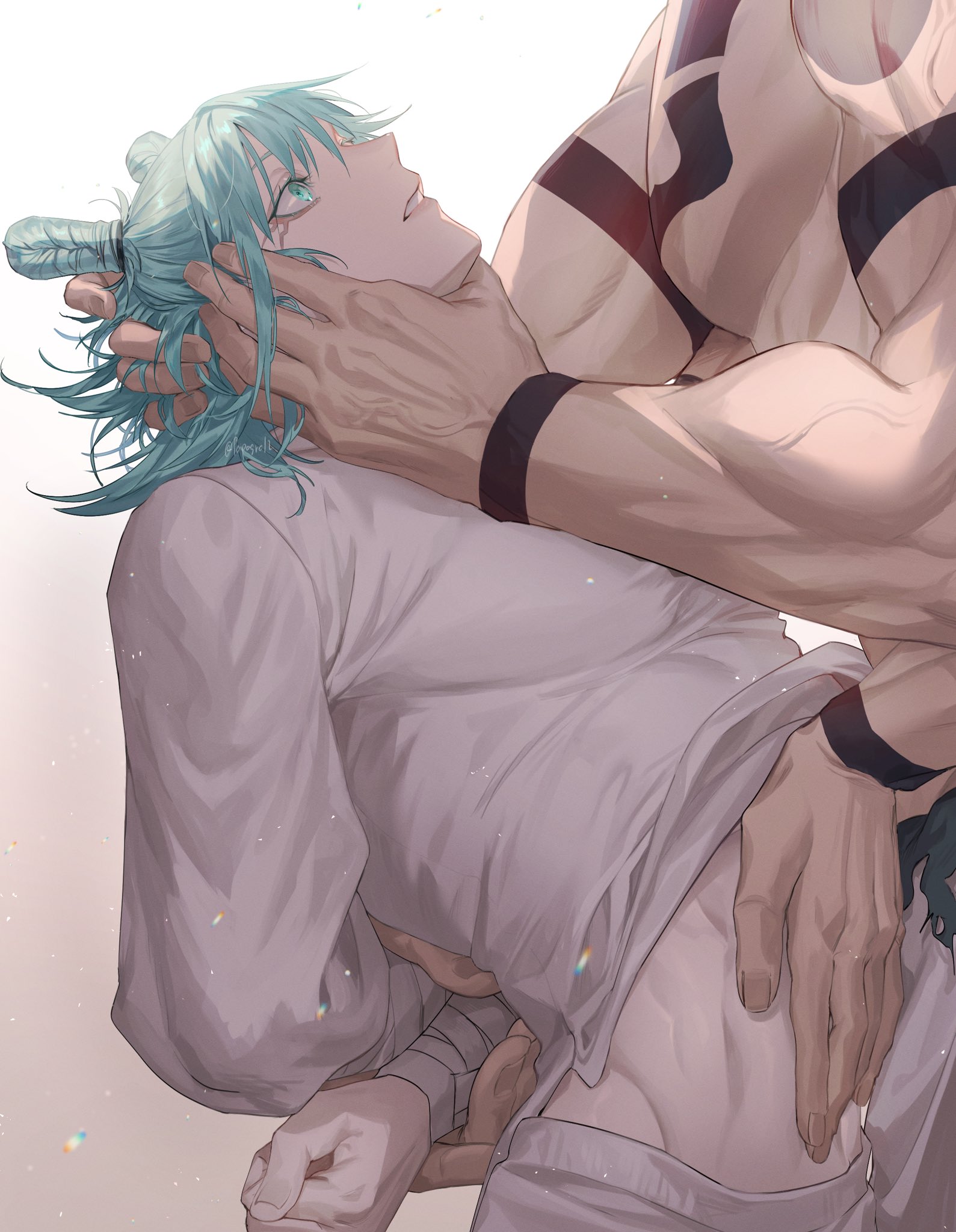 2boys, 4 arms, holding face, jujutsu kaisen, kashimo hajime, male, restrained, ryoumen sukuna (jujutsu kaisen), size difference, yaoi