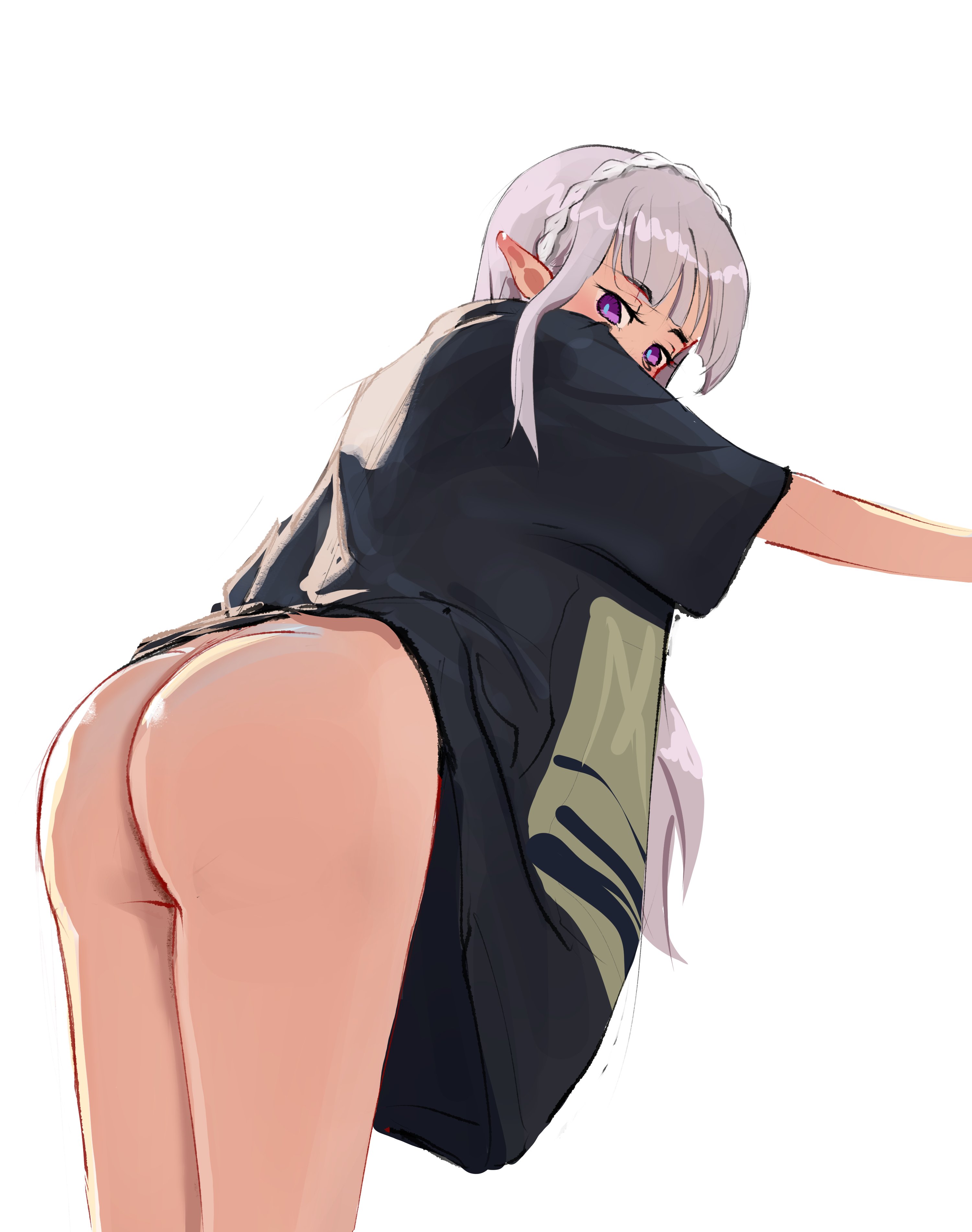 1girls, ass, ass focus, bangs, bare ass, bare legs, bottomless, bottomless female, boyfriend shirt, butt focus, elf, elf ears, elf female, elf girl, emilia (re:zero), female, half dressed, implied invitation, oversized shirt, purple eyes, re:zero kara hajimeru isekai seikatsu, shirt only, silver hair, solo, solo focus, standing, thighs, white background
