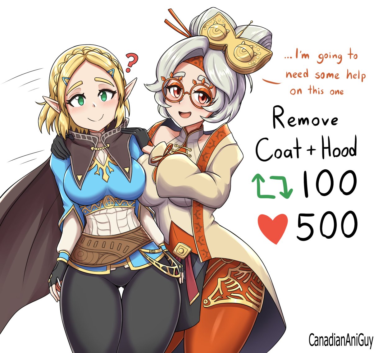 2girls belt blonde_hair blush blush_lines canadiananiguy cape english_text female female/female female_focus female_only girls girls_only glasses green_eyes hood light-skinned_female light_skin long_hair multiple_girls nintendo only_female princess_zelda purah purah_(tears_of_the_kingdom) red_eyes short_hair strip_game tears_of_the_kingdom text the_legend_of_zelda tied_hair twitter_strip_game_(meme) white_hair zelda_(tears_of_the_kingdom)