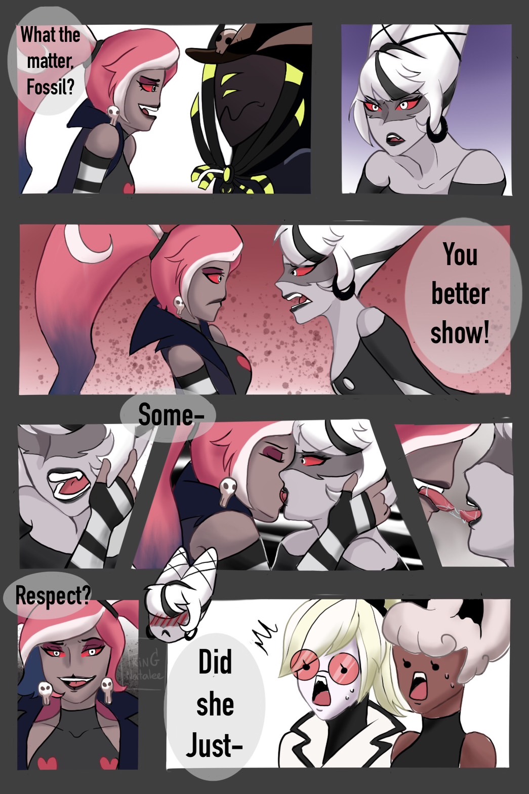 carmilla_carmine clara_(hazbin_hotel) clothed dialogue fringky5 hazbin_hotel kissing long_hair odette_(hazbin_hotel) sfw speech_bubble twitter velmilla velvette_(hazbin_hotel) vivienne_medrano yuri zestial_(hazbin_hotel)