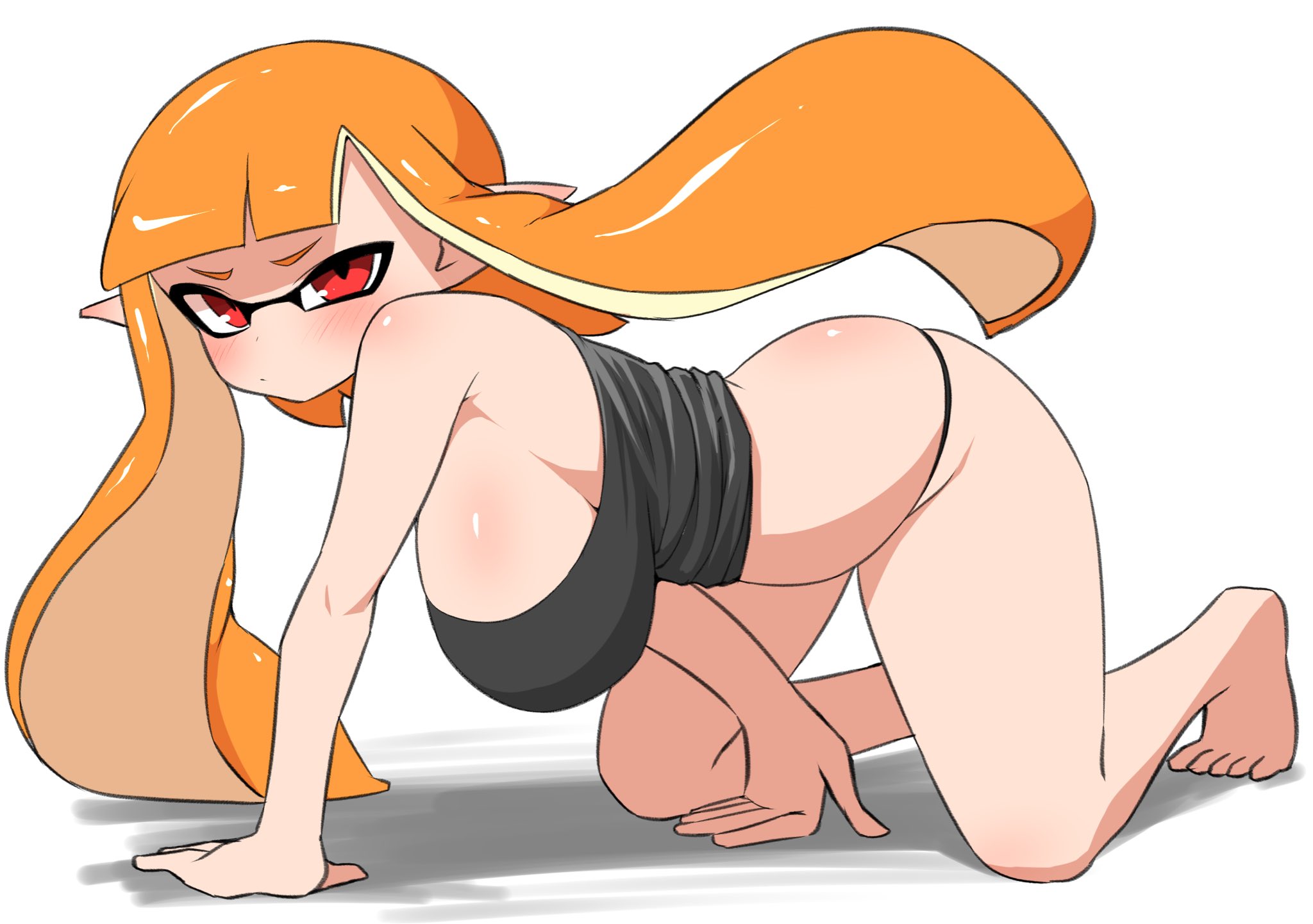 1girls, ass, breasts, cleavage, feet, female, hand on hip, hi res, huge breasts, inkling, inkling girl, kaori (splatoon), large ass, large breasts, light skin, light-skinned female, long hair, nintendo, nobunagapero, orange hair, plain background, splatoon, splatoon (series), tank top, tentacle hair