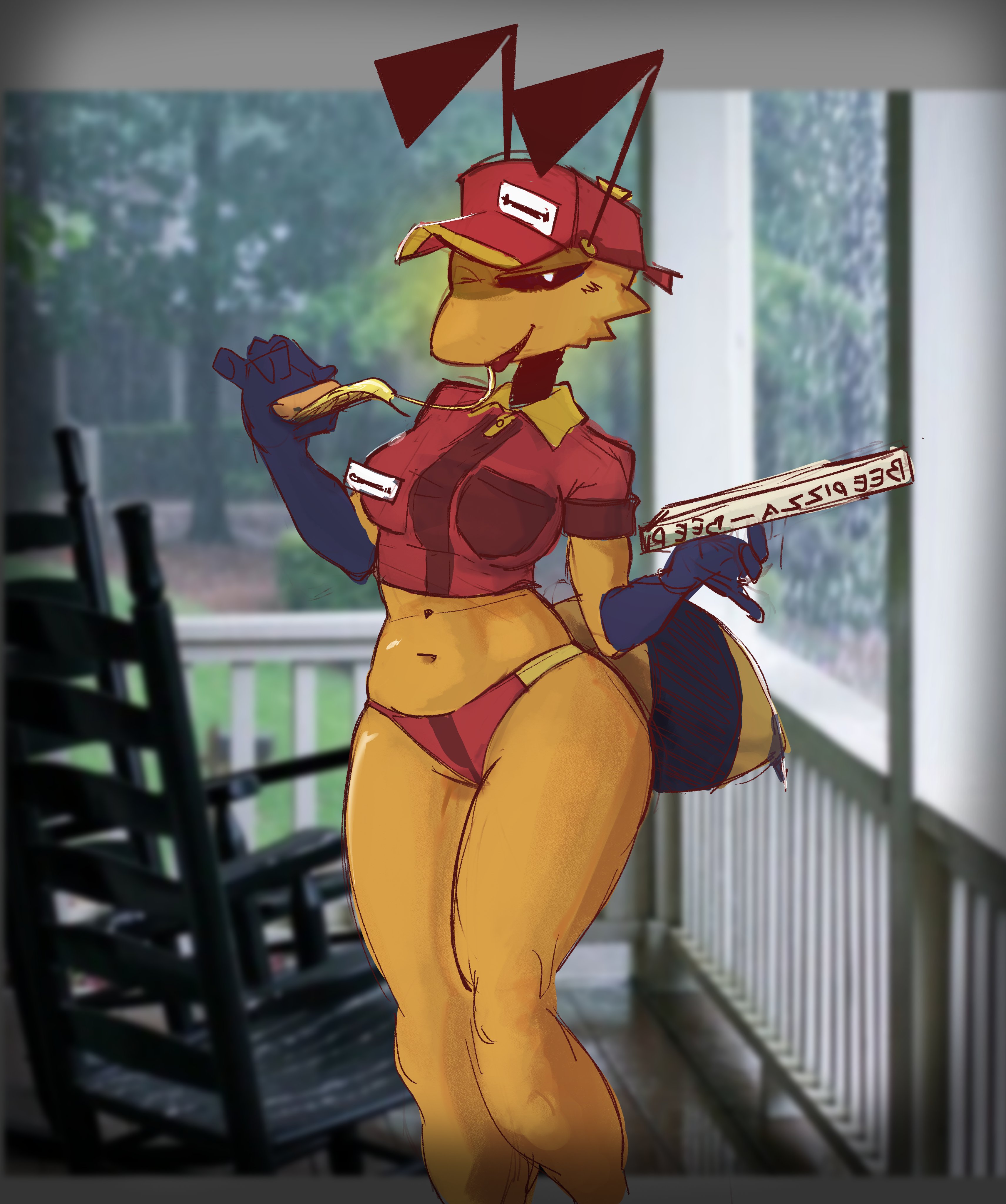 bee girl, cameltoe, female, pizza, pizza bee (xexeezy), pizza box, pussy, tagme, uniform