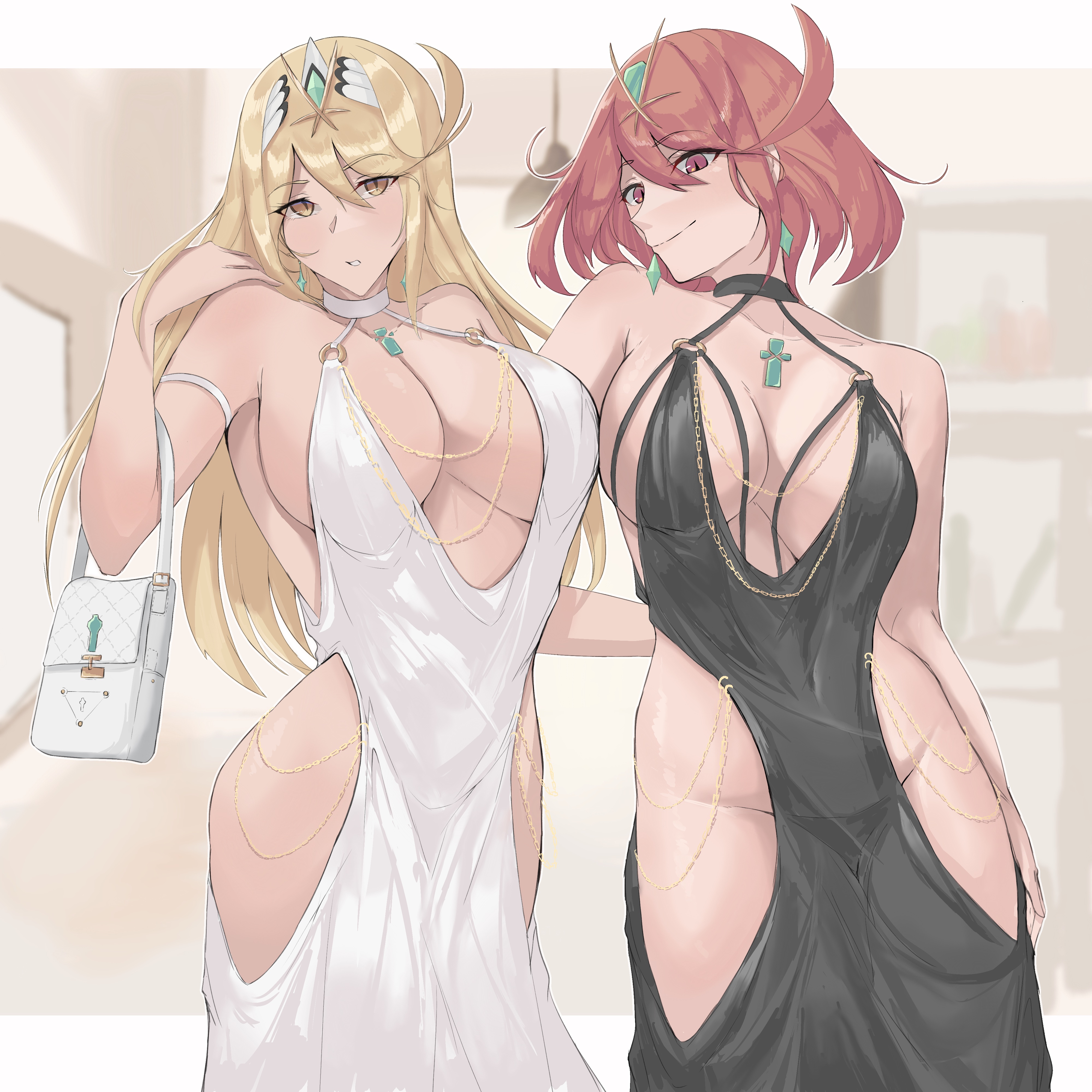 2girls, big breasts, blonde hair, breasts, calmgreentori, core crystal, dress, female, female only, looking at viewer, multiple females, multiple girls, mythra, pyra, red eyes, red hair, xenoblade (series), xenoblade chronicles 2, yellow eyes