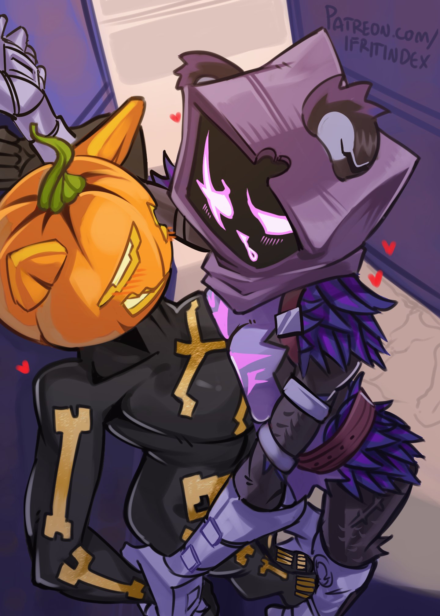 2girls, anthro, ass, bear, bear ears, bear girl, big ass, big breasts, big thighs, blush, breasts, breasts to breasts, cat ears, cat girl, cat tail, catgirl, cute, female, female focus, female only, fortnite, fortnitemares, fur, furry, heart, imminent kiss, looking at partner, moxydraws, moxydrawsmore, pressed together, pressing breasts together, pumpkin, pumpkin head, raven team leader, sexy, skinsuit, spice (fortnite), thick thighs, thighs, wholesome, yuri
