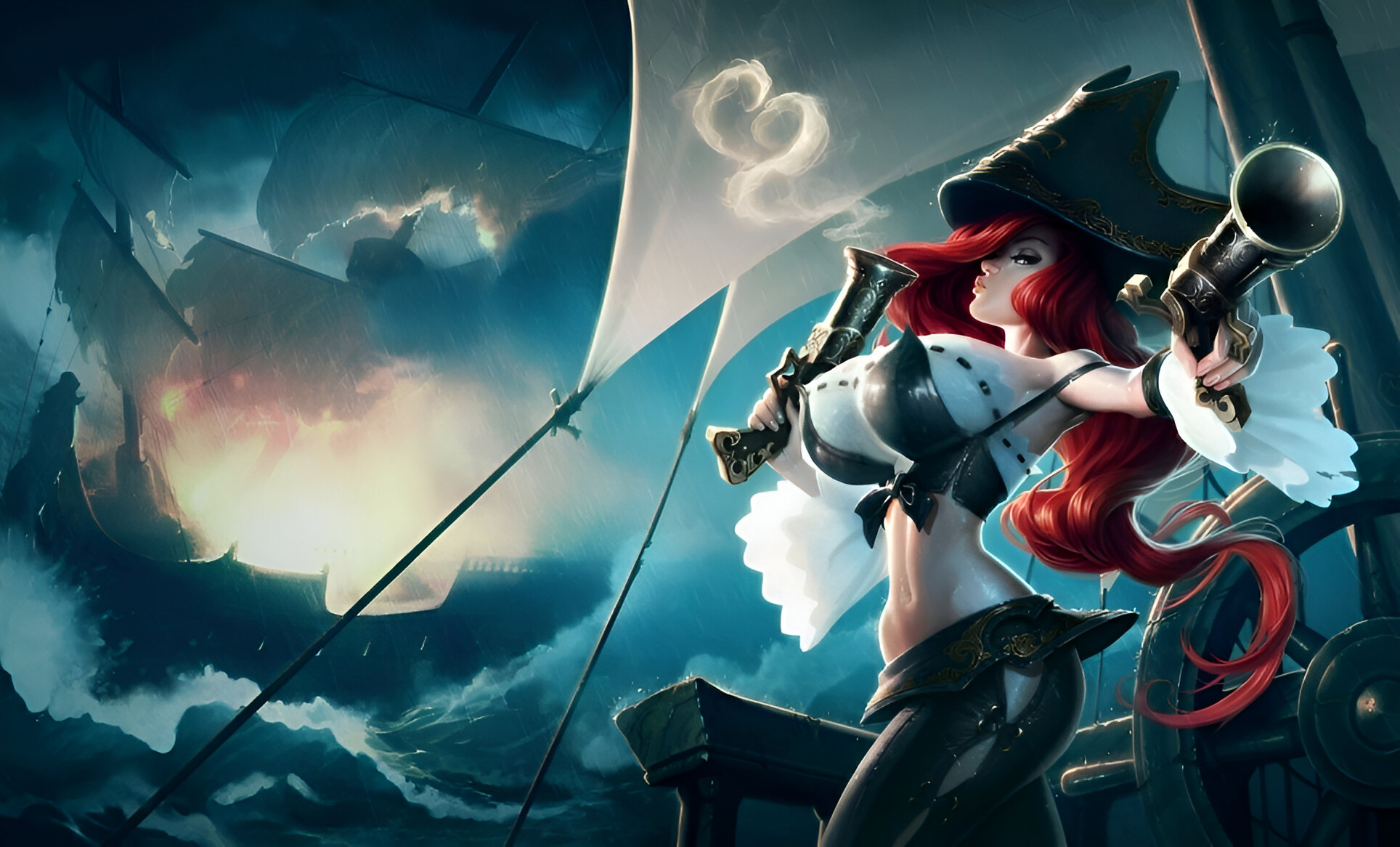 big breasts, bolt on tits, breast implants, breasts, breasts bigger than head, cattlec, edit, edited, edited official artwork, enhanced breasts, fake breasts, female, fixing, gun, guns, hips, hourglass figure, huge breasts, league of legends, miss fortune, official artwork edit, pirate, pirate hat, pose, posing, red hair, sarah fortune, silicone, silicone implants, skinny, thin waist, tight clothing, top heavy breasts, wallpaper