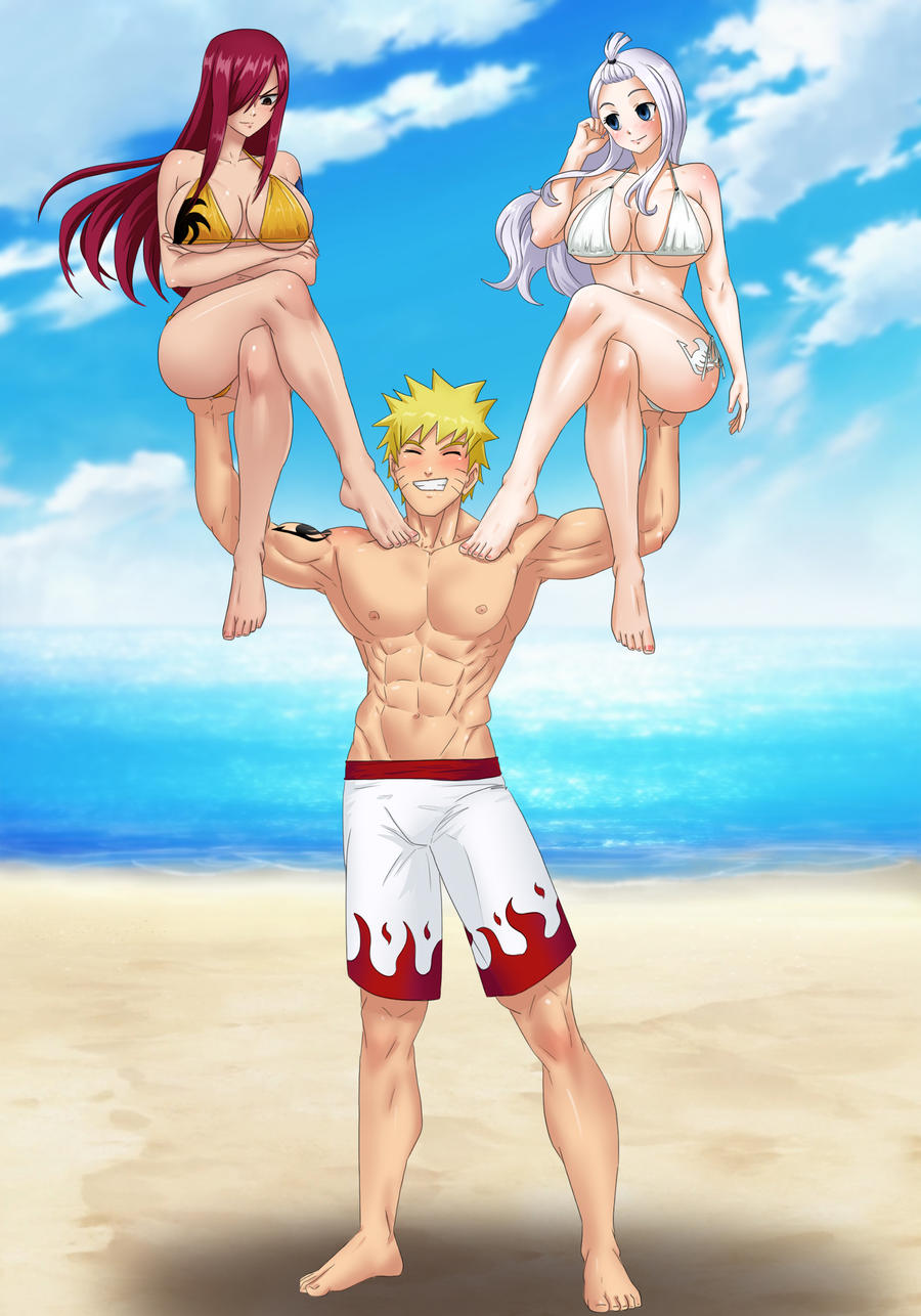 1boy 2girls 2girls1boy abs amenoosa beach bikini blonde_hair blue_eyes cleavage crossover erza_scarlet fairy_tail female huge_breasts long_hair male mirajane_strauss naruto naruto_(series) naruto_uzumaki orange_bikini red_hair seaside short_hair tattoo uzumaki_naruto white_bikini white_hair