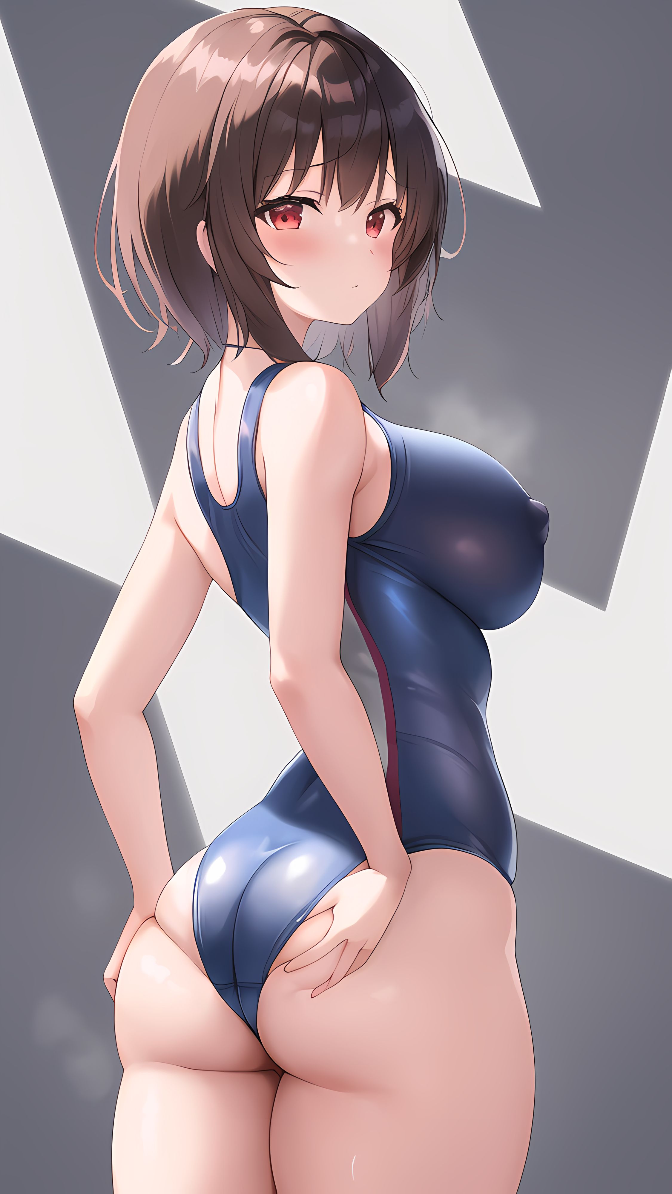 1girls, ai generated, ass, ass up, bangs, breasts, bubble ass, bubble butt, cute, female, from behind, from below, huge ass, huge breasts, huge butt, kono subarashii sekai ni shukufuku wo!, megumin, nai diffusion, nipples, nude, red eyes, school swimsuit, short hair, sidelocks, solo, solo female, stable diffusion, thick ass, thick thighs