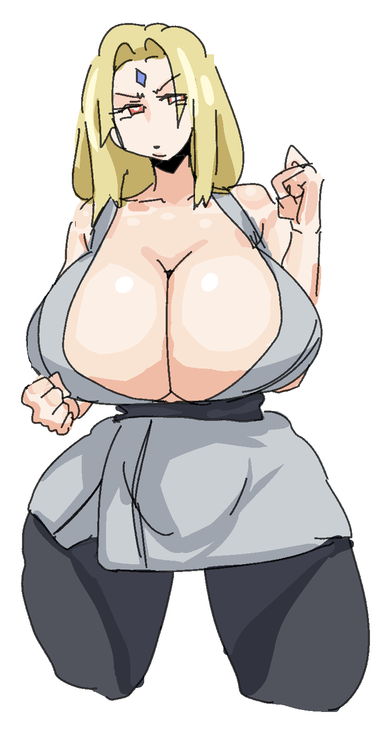 1girls belt black_legwear blonde_hair breasts cleavage curvy female fist fists_clenched forehead_jewel forehead_mark grey_kimono large_breasts leebongchun long_hair mature mature_female naruto naruto_(series) orange_eyes portrait red_eyes solo tsunade wide_hips