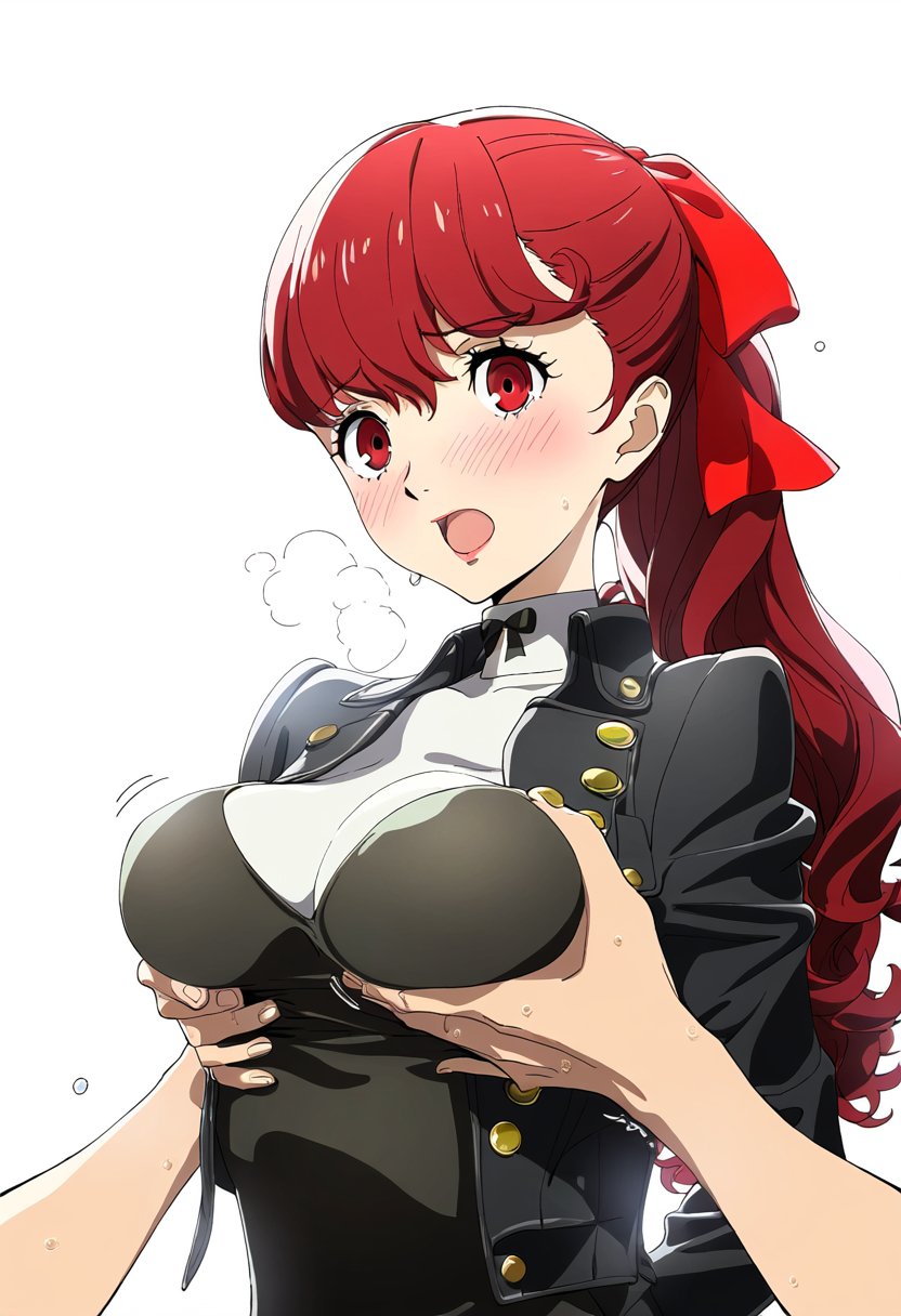 ai generated, aroused, artist request, big breasts, blush, breast grab, breast squeeze, breast squish, breasts, choku to-san no kyonyū, embarrassed, embarrassed female, female, groping, hair ribbon, horny, horny female, kasumi yoshizawa, long hair, medium breasts, persona, persona 5, persona 5 royal, red hair, school uniform, schoolgirl, slim waist, sumire yoshizawa, sweat, teenager, tied hair