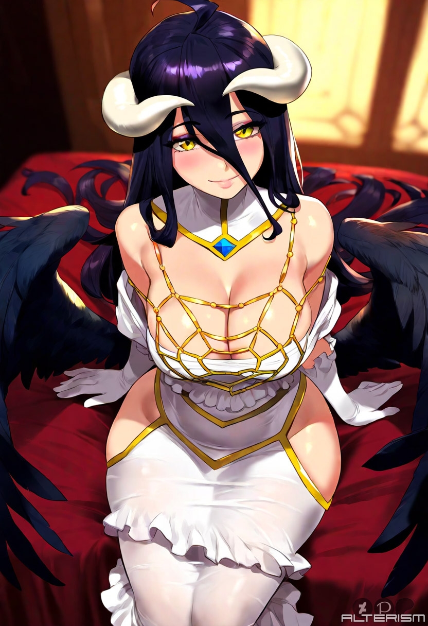 1girls, ahoge, ai generated, albedo (overlord), alterism, bare shoulders, bed, big breasts, black hair, blush, breasts, cleavage, clothed, demon, dress, female, female focus, gloves, horns, indoors, jewelry, large breasts, light-skinned female, long hair, looking at viewer, overlord (maruyama), pov, shiny skin, sitting, skindentation, skintight, solo, succubus, succubus horns, succubus wings, sunset, thick thighs, white dress, wings, yellow eyes