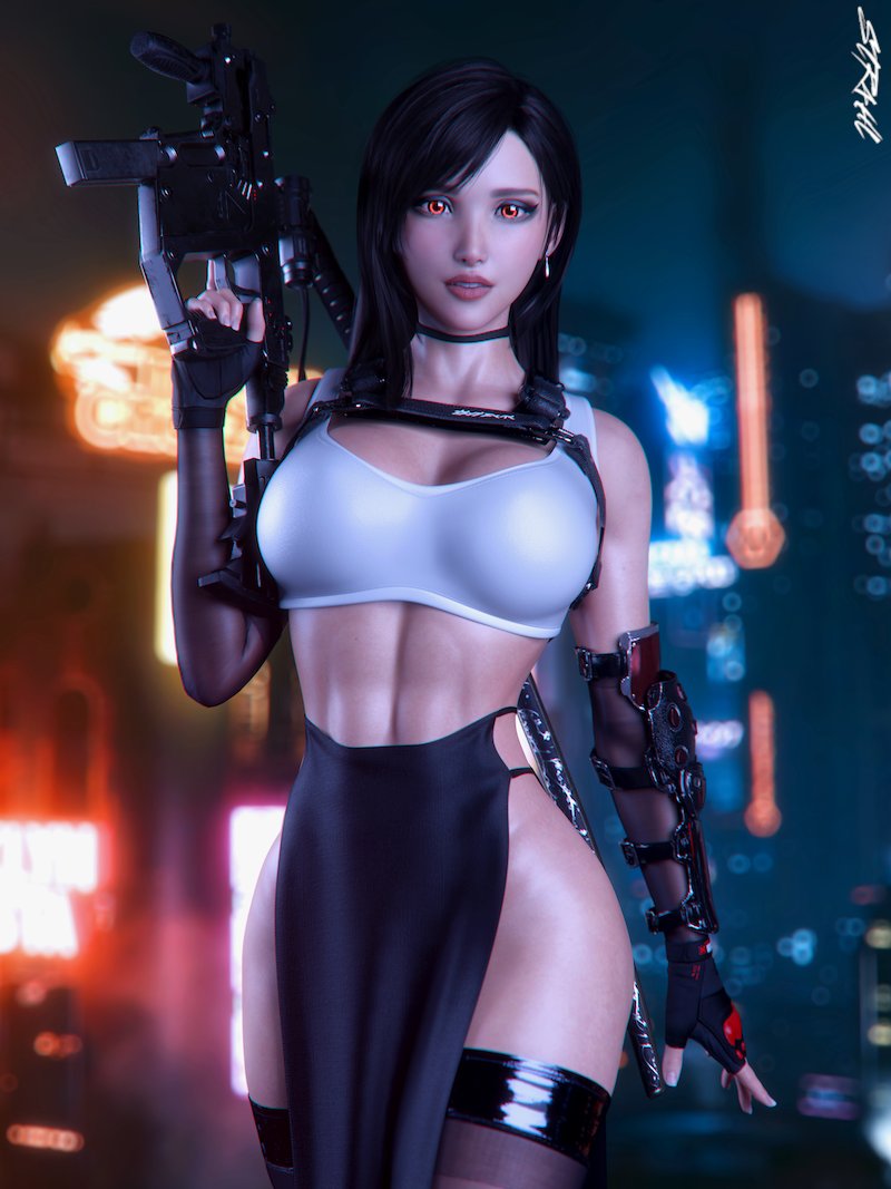 1girls 3d 3d_(artwork) abs armwear black_hair choker depth_of_field earrings elbow_gloves fanart female female_only final_fantasy final_fantasy_vii final_fantasy_vii_remake fingerless_gloves futuristic_clothing gloves glowing_eyes gun holding_object holding_weapon katana large_breasts long_hair looking_at_viewer muscular muscular_female red_eyes sci-fi science_fiction solo standing stockings str4hl submachine_gun thighhighs tifa_lockhart