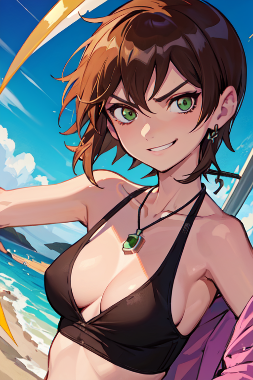 ai_generated beach ben_10 ben_tennyson bikini black_bikini bracelet brown_hair cleavage female female_ben genderswap genderswap_(mtf) green_eyes necklace ocean rule_63 short_brown_hair short_hair sideboob small_breasts smirk two-piece_swimsuit