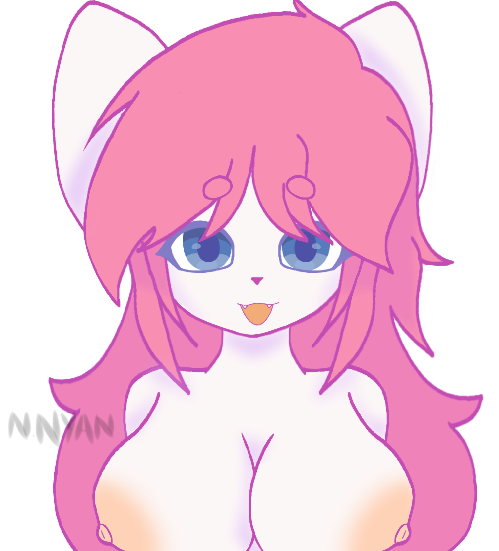 anthro big_breasts blue_eyes cat_ears catgirl fangs female fur furry furry_cat nipples pink_hair topless