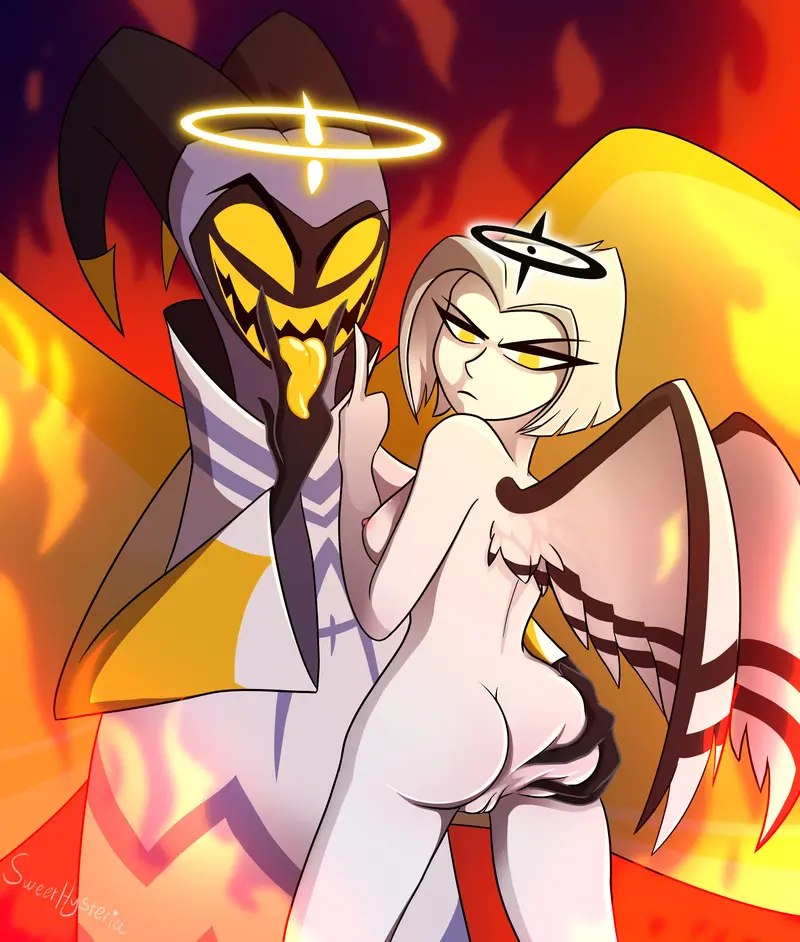 1boy 1girls adam_(hazbin_hotel) angel angel_girl angel_wings ass ass_grab black_halo clothed_male_nude_female cmnf duo female halo hazbin_hotel lute_(hazbin_hotel) middle_finger naked nude nude_female sweethysteria vivienne_medrano white_halo