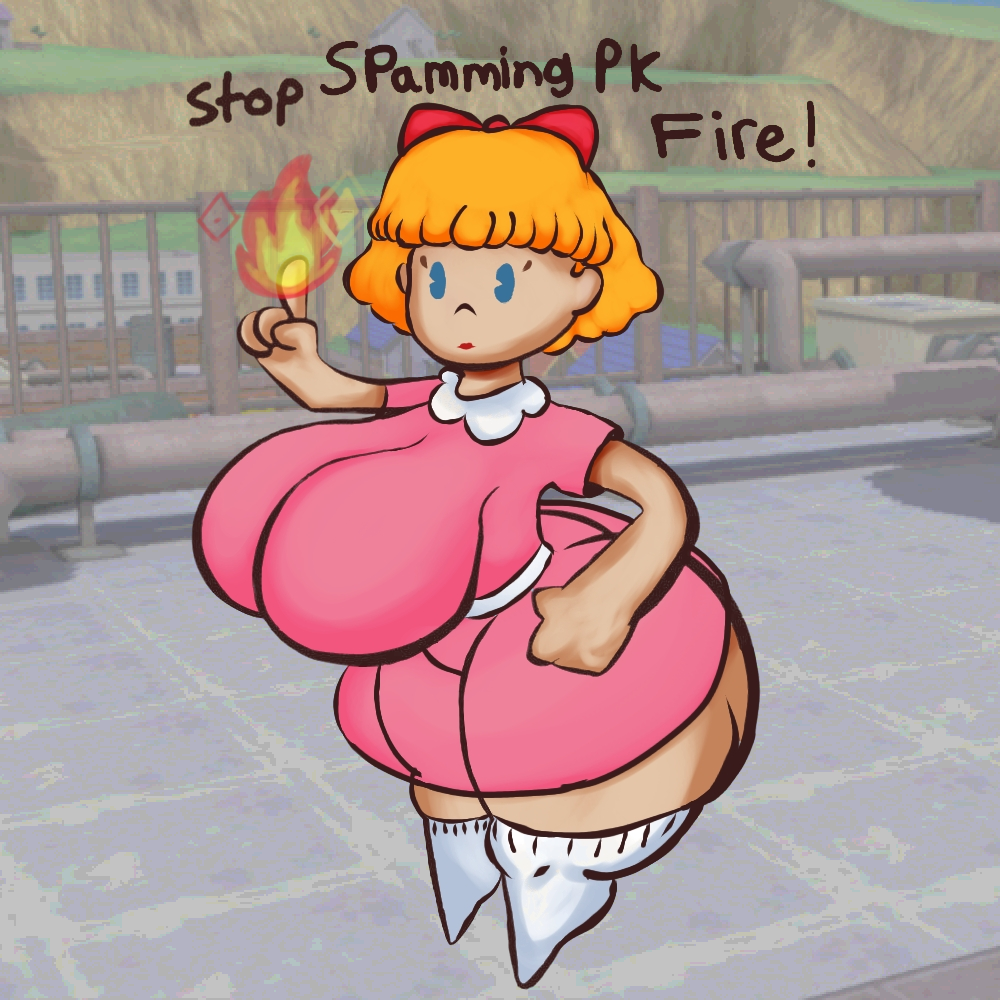 1girls big_ass big_breasts blonde_hair breasts_bigger_than_head earthbound fire hairbow huge_ass human monstorlilly nintendo pac-man_eyes paula_jones paula_polestar pink_dress red_hairbow red_lipstick rooftop screenshot_background stop_thinking_about_sex super_smash_bros._ultimate thick_ass thighs