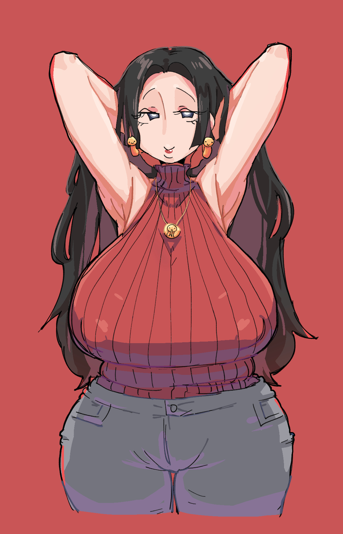 1girls, armpits, arms up, black hair, blue eyes, boa hancock, breasts, dark blue eyes, earrings, eyeshadow, female, female only, fully clothed, gold jewelry, hands in hair, knitted sweater, large breasts, leebongchun, lipstick, long hair, necklace, nipple bulge, nipples, nipples visible through clothing, one piece, portrait, red eyeshadow, red lips, red lipstick, red sweater, sleeveless, sleeveless sweater, snake earrings, straight hair, sweater, turtleneck, voluptuous