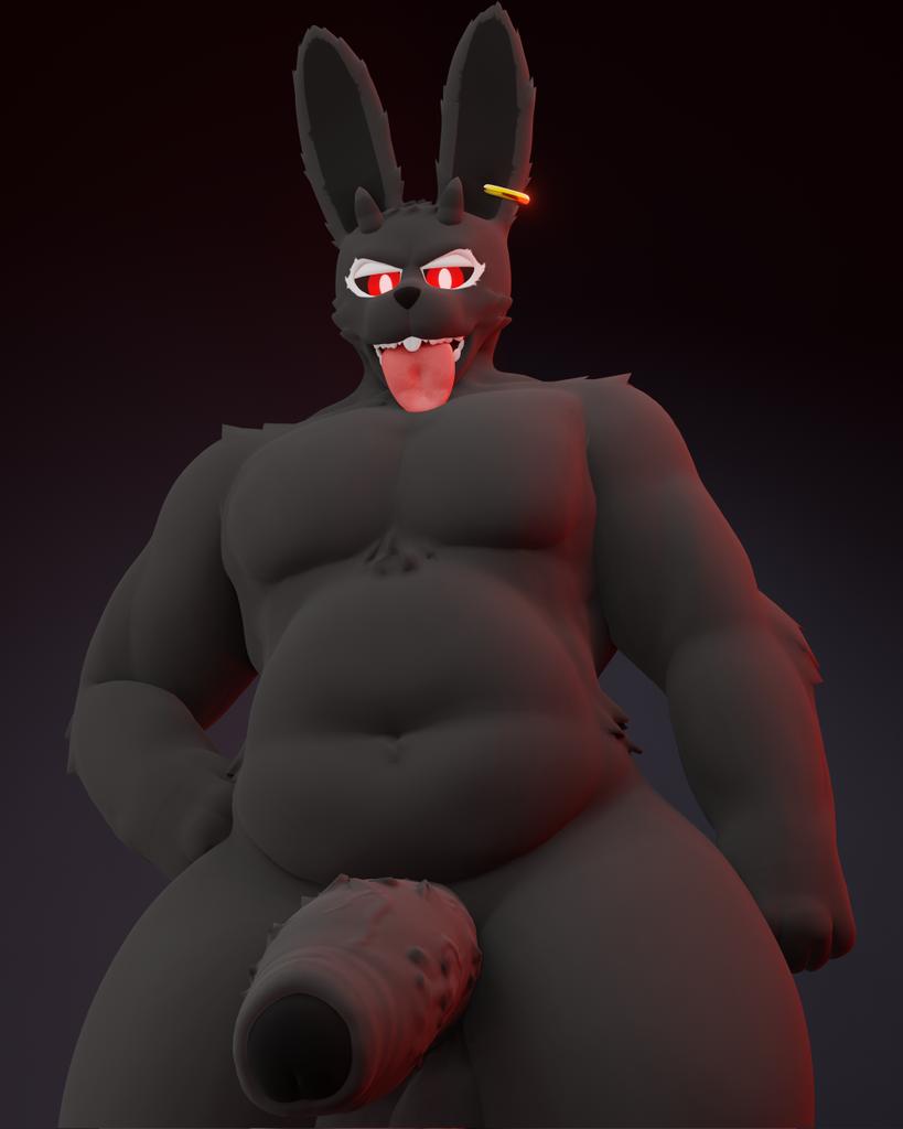 1boy 3d 3d_(artwork) absurd_res absurd_resolution absurdres anthro anxiboi balls big_penis black_fur bunny bunny_ears bunny_tail digital_media_(artwork) ear_piercing foreskin furry furry_ears genitals hand_on_hip hi_res high_resolution highres horn horns huge_cock looking_at_viewer male male_only naked nude penis piercing red_eyes solo tagme tail tongue tongue_out veiny_penis zarek_(anxiboi) zarek_(anxiousanxiety)