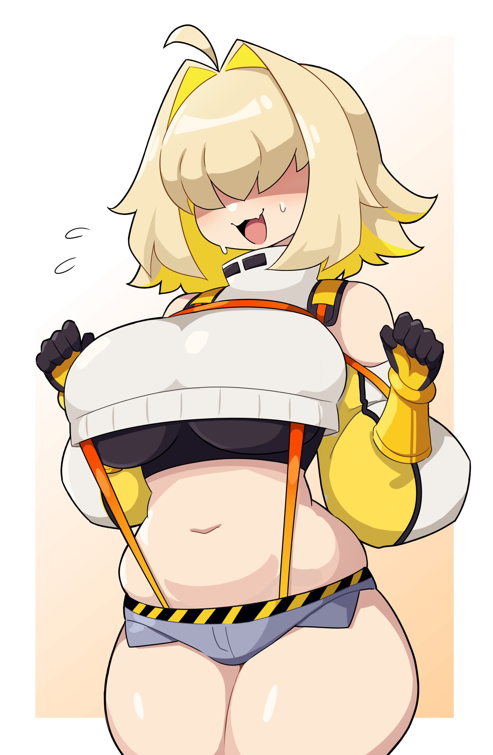 :3, 1girls, bare shoulders, big breasts, blonde hair, breasts, elegg (nikke), female, female only, goddess of victory: nikke, hair over eyes, hi res, j5daigada, medium hair, minishorts, open mouth, short shorts, shorts, solo, suspenders, thick thighs, tight clothing, two-tone hair, yellow hair