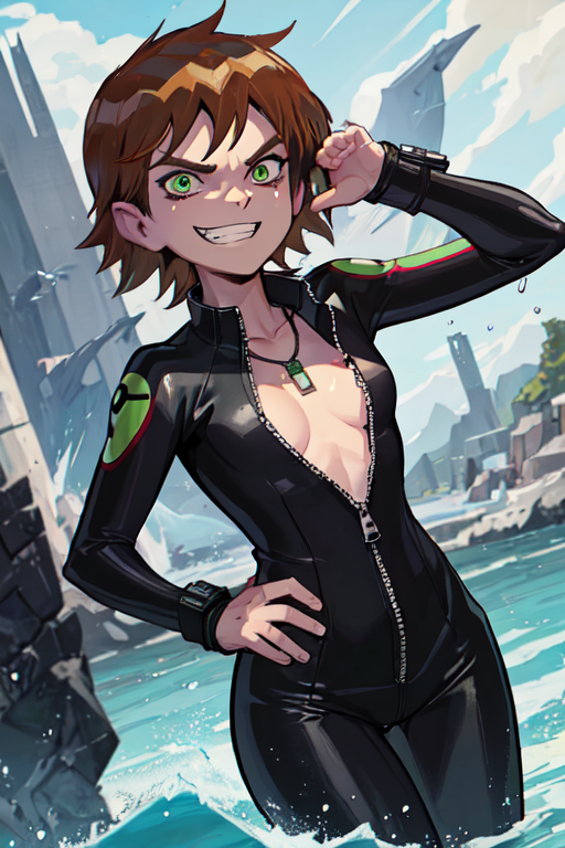 ai_generated beach ben_10 ben_tennyson bracelet brown_hair cleavage female_ben genderswap genderswap_(mtf) green_eyes hand_on_hip necklace ocean omnitrix plunging_neckline rule_63 short_brown_hair short_hair small_breasts smirk unzipped wetsuit