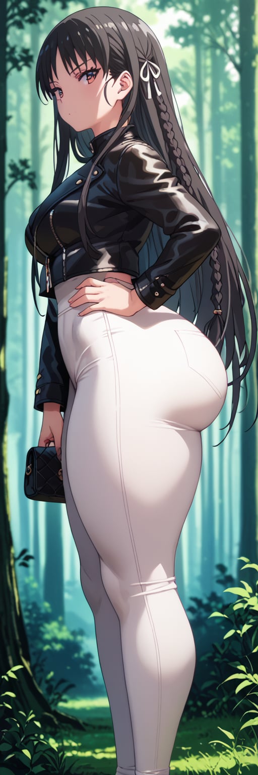 ai_generated big_ass black_hair classroom_of_the_elite female forest handbag horikita_suzune leather_jacket long_hair pale-skinned_female standing white_leggings