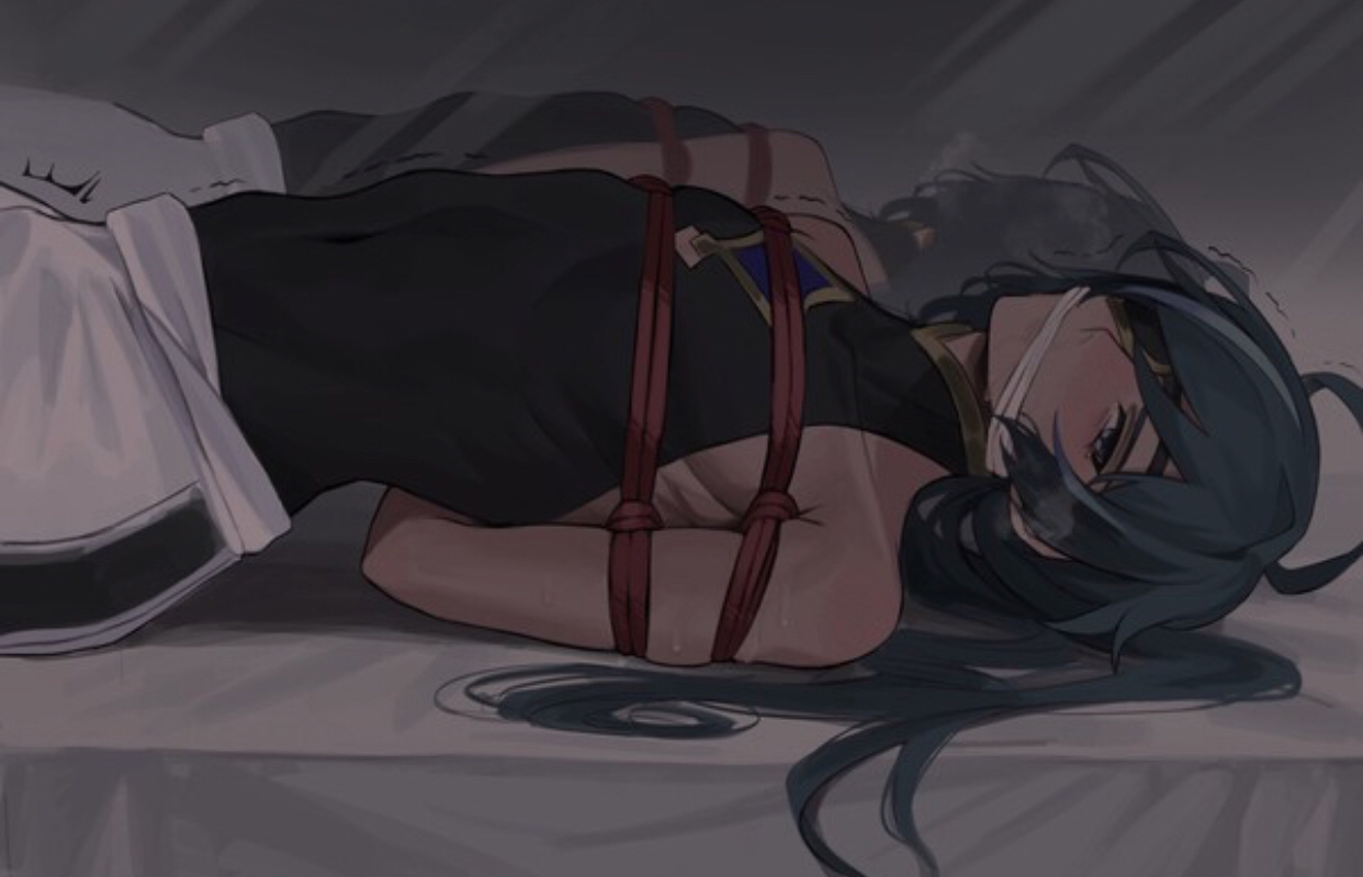 1boy, arched back, blue hair, blush, blushing at viewer, eyepatch, gag, genshin impact, kaeya (genshin impact), kidnapped, looking at viewer, male, male only, shaking, sleeveless, sleeveless shirt, small waist, tied up, trembling, twitching, waist