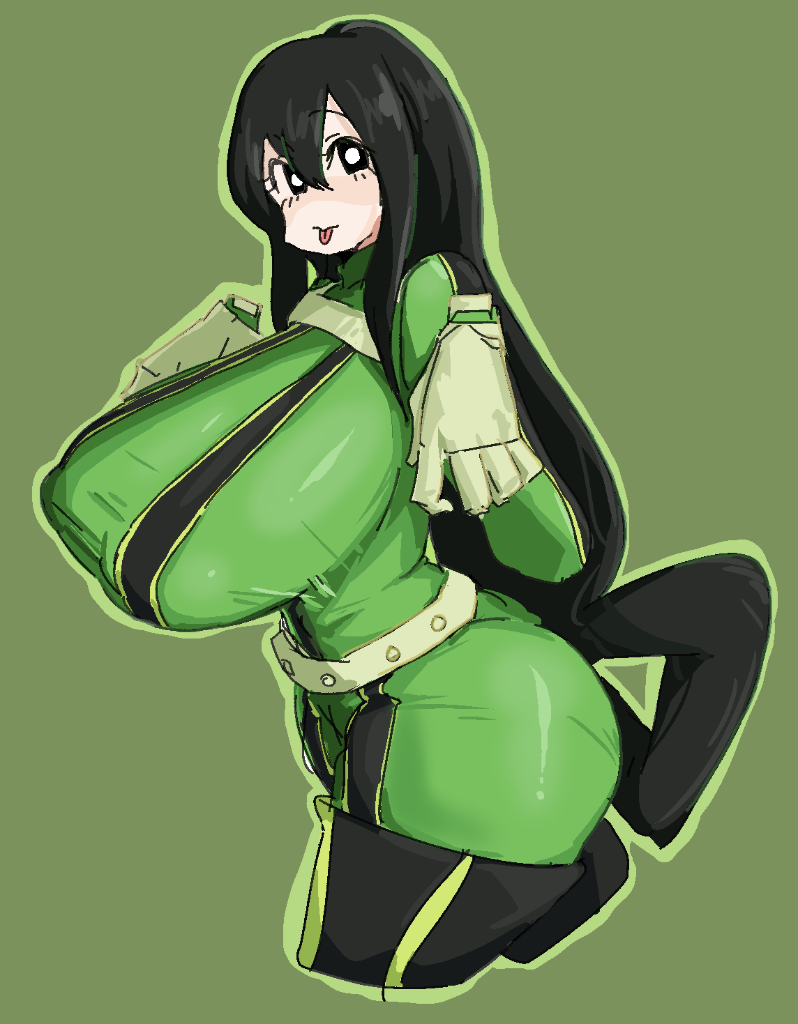:p, 1girls, arms up, ass, black eyes, bodysuit, breasts, dark green hair, female, frog girl, green bodysuit, green hair, hair between eyes, hair ribbon, hero outfit (mha), large breasts, leebongchun, my hero academia, nipple bulge, nipples, nipples visible through clothing, thighhigh boots, tongue, tongue out, tsuyu asui, very long hair