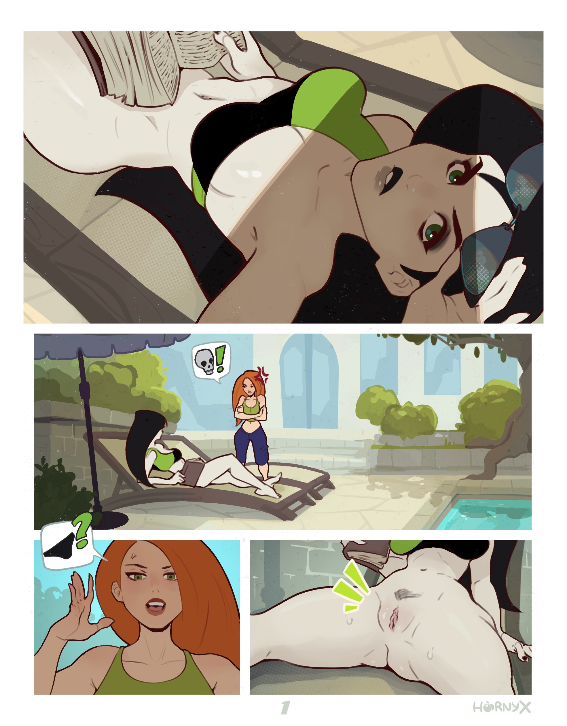 2d, 2d (artwork), 2girls, black hair, bottomless, breasts, comic, comic page, commando, curvaceous, curvy, curvy body, curvy female, curvy figure, detailed background, disney, exposed pussy, female, female focus, female only, going commando, green eyes, hi res, high resolution, highres, hornyx, kim possible, kimberly ann possible, multiple females, multiple girls, page 1, page number, pussy, red hair, shego, sunglasses, thick thighs, wide hips, yuri
