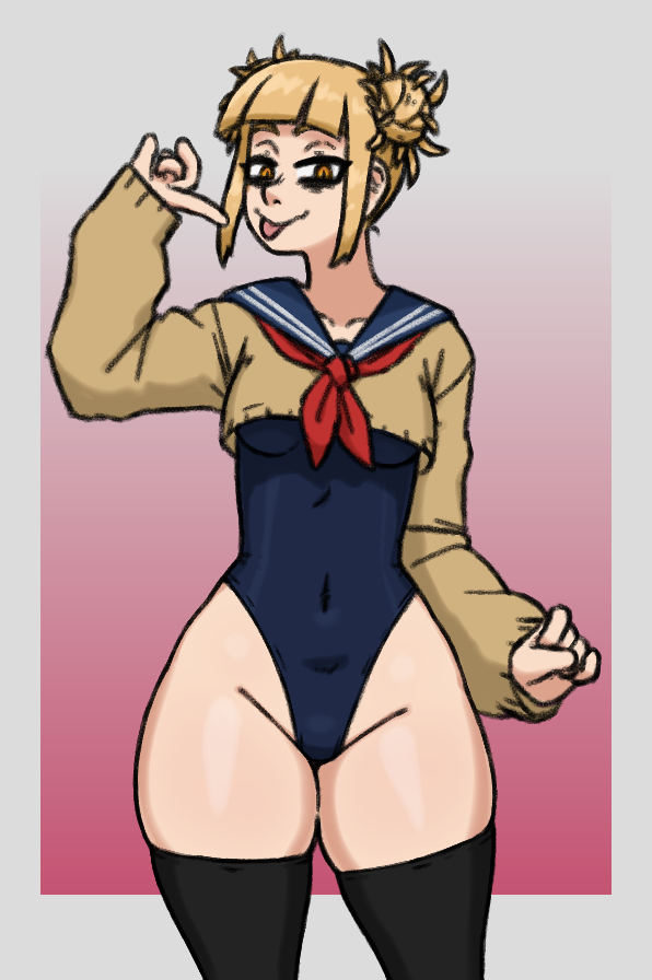 1girls black_socks blonde_hair blue_swimsuit female female_only hair hair_bun himiko_toga legwear medium_breasts my_hero_academia one-piece_swimsuit rottedpaint shirt small_breasts socks solo solo_female swimsuit swimwear thick_thighs thigh_socks thighhighs thighs tongue tongue_out topwear yellow_eyes