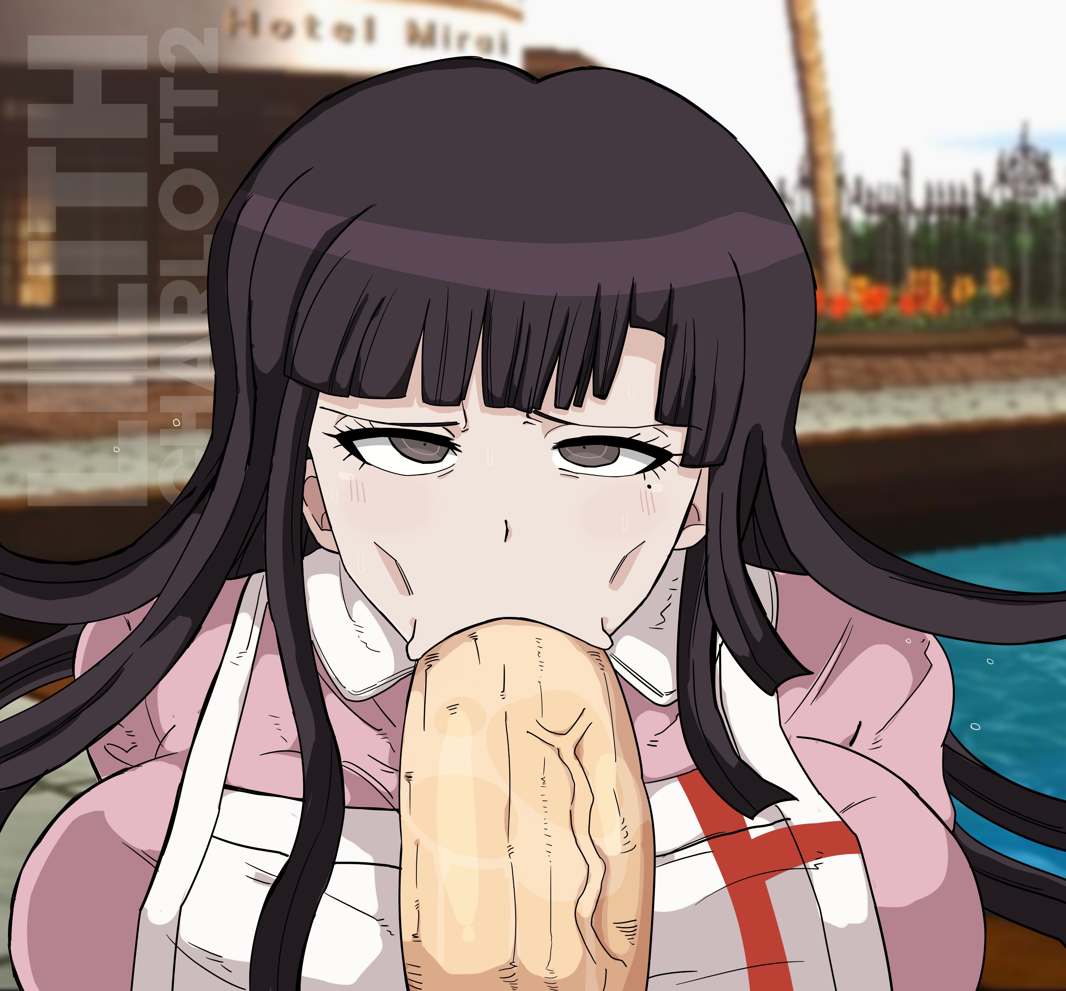 :>=, 1girls, beauty mark, blowjob, clothed female, clothing, danganronpa, danganronpa 2: goodbye despair, fellatio, female, lilithcharlott2, looking at viewer, pov, purple eyes, purple hair, tsumiki mikan