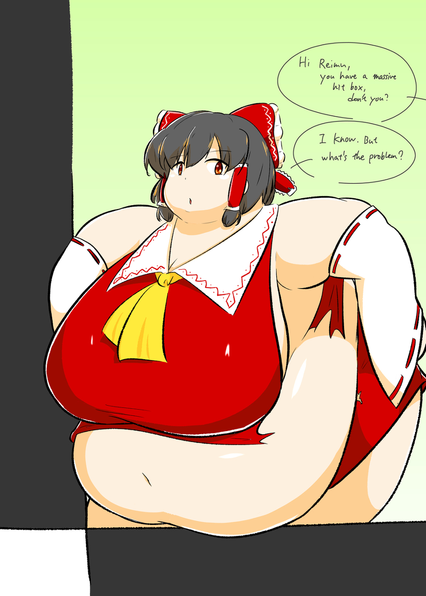 bbw belly_overhang big_belly big_female blush chubby chubby_female embarrassed fat fat_female fat_fetish fat_girl fat_shaming fat_woman fatty hog huge_belly large_female morbidly_obese morbidly_obese_female obese obese_female overweight overweight_female plump pork_chop reimu_hakurei speech_bubble thick_thighs touhou tubby weight_gain