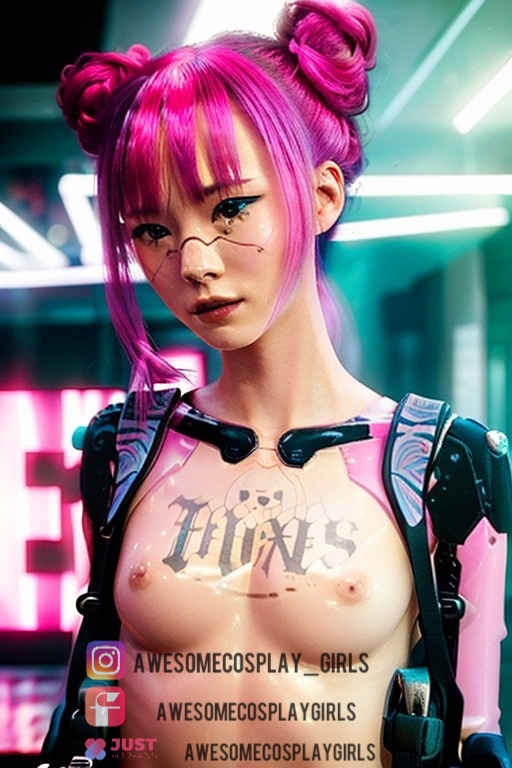 ai_generated cosplay cybernetic_arm cyberpunk cyberpunk:_edgerunners cyberpunk_2077 pink_hair rita_wheeler small_breasts tattoo