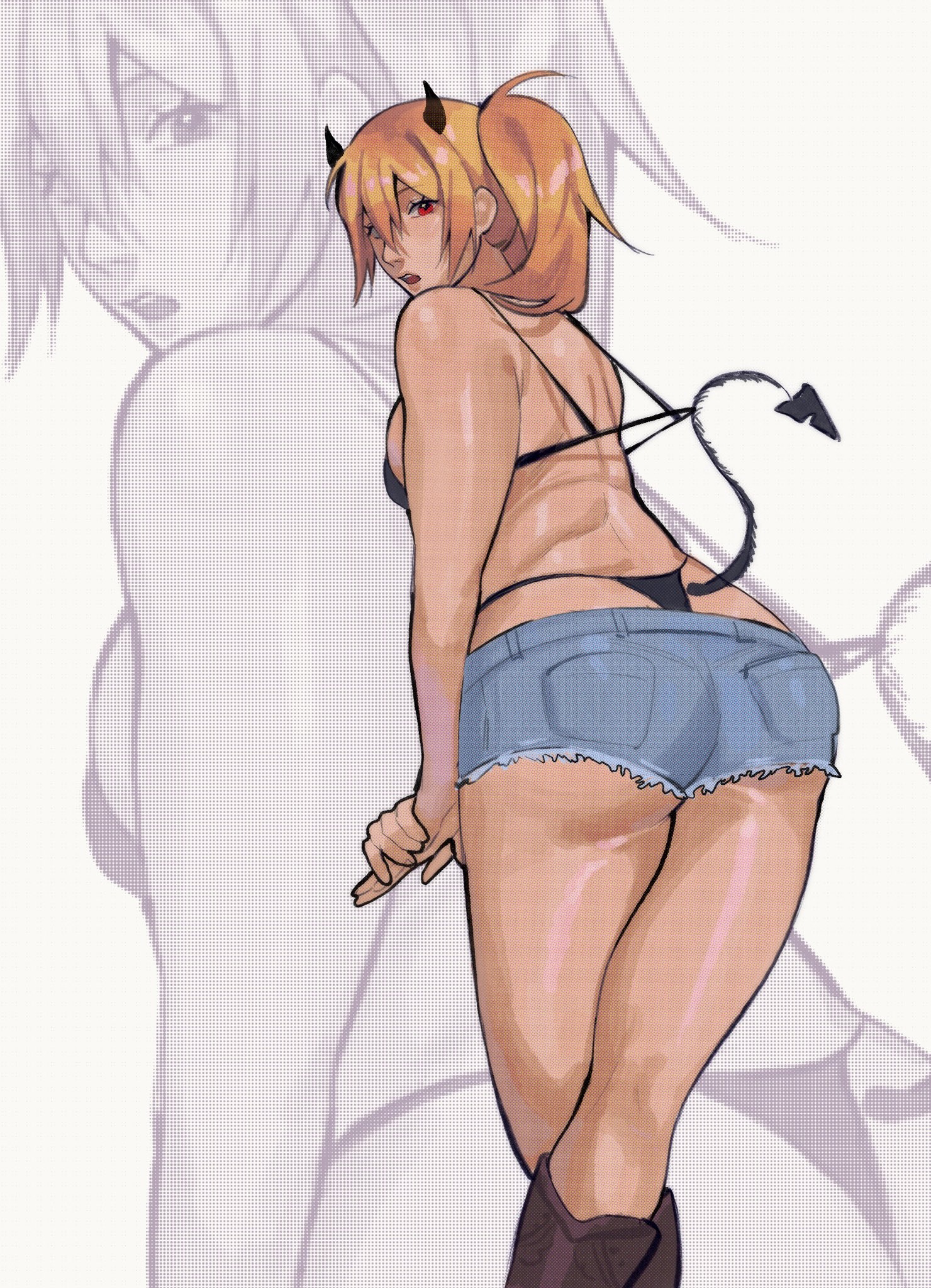 ass, ass focus, asscheeks, back view, bikini, bikini bottom under shorts, bikini top pull, bikini under shorts, black bikini, blonde female, blonde hair, booty, booty shorts, clothed, cowboy boots, dat ass, devil horns, devil tail, dorohedoro, female, jean shorts, ksooupart, legs, light skin, light-skinned female, looking back, nikaidou (dorohedoro), red eyes, thong, thong bikini