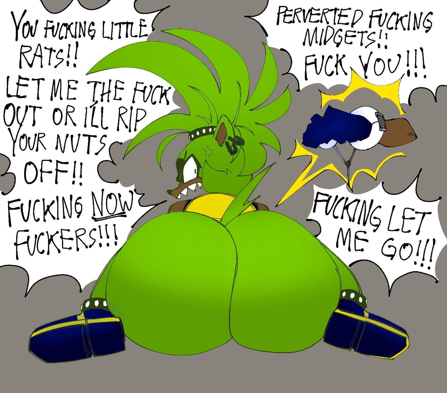 1girls, alternate skin color, angry, angry face, ass, big ass, bondage, colored, dialogue, female, furry, garbageboxxxed, handcuffs, huge ass, idw publishing, kneeling, looking back, restrained, sega, sketch, sonic (series), sonic the hedgehog (comics), sonic the hedgehog (idw), sonic the hedgehog (series), surge the tenrec, third-party edit