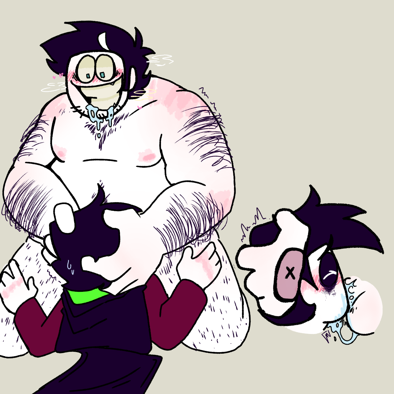 black hair, bob velseb, body hair, chubby, clothed, deepthroat, gay, male, male only, nude, penis, saliva, spooky month, streber (spooky month), vodka (artist)