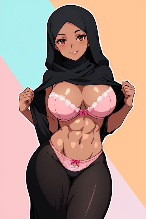 abs, ai generated, big breasts, breasts, brown eyes, cleavage, dark skin, dark-skinned female, female, flashing, hijab, hourglass figure, muslim, muslim female, navel, pink bra, pink lingerie, pink panties, simple background, slim waist, smile, smiling at viewer, solo, solo female, thick thighs, undressing, wide hips